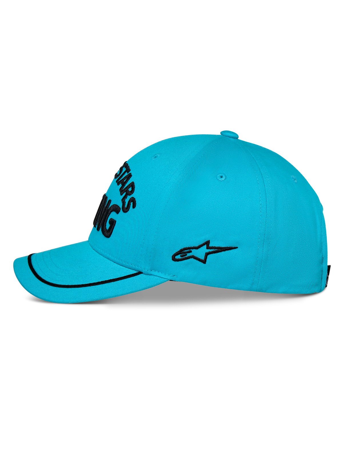 Alpinestars Luminary pet, aqua blauwe baseballpet, zijaanzicht, gebogen klep met zwarte sutache rand, zwart geborduurd logo aan de zijkant, gestructureerde kroon, casual sportkleding