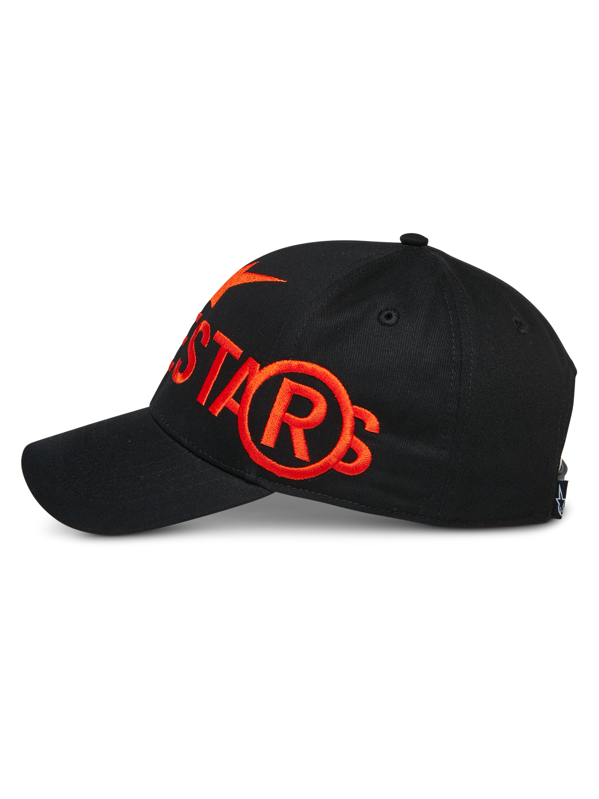 Alpinestars Committed pet, zwarte snapback baseballpet, zijaanzicht met groot oranje plat geborduurd logo, gestructureerde kroon met gebogen klep, casual motorsport lifestyle-headwear