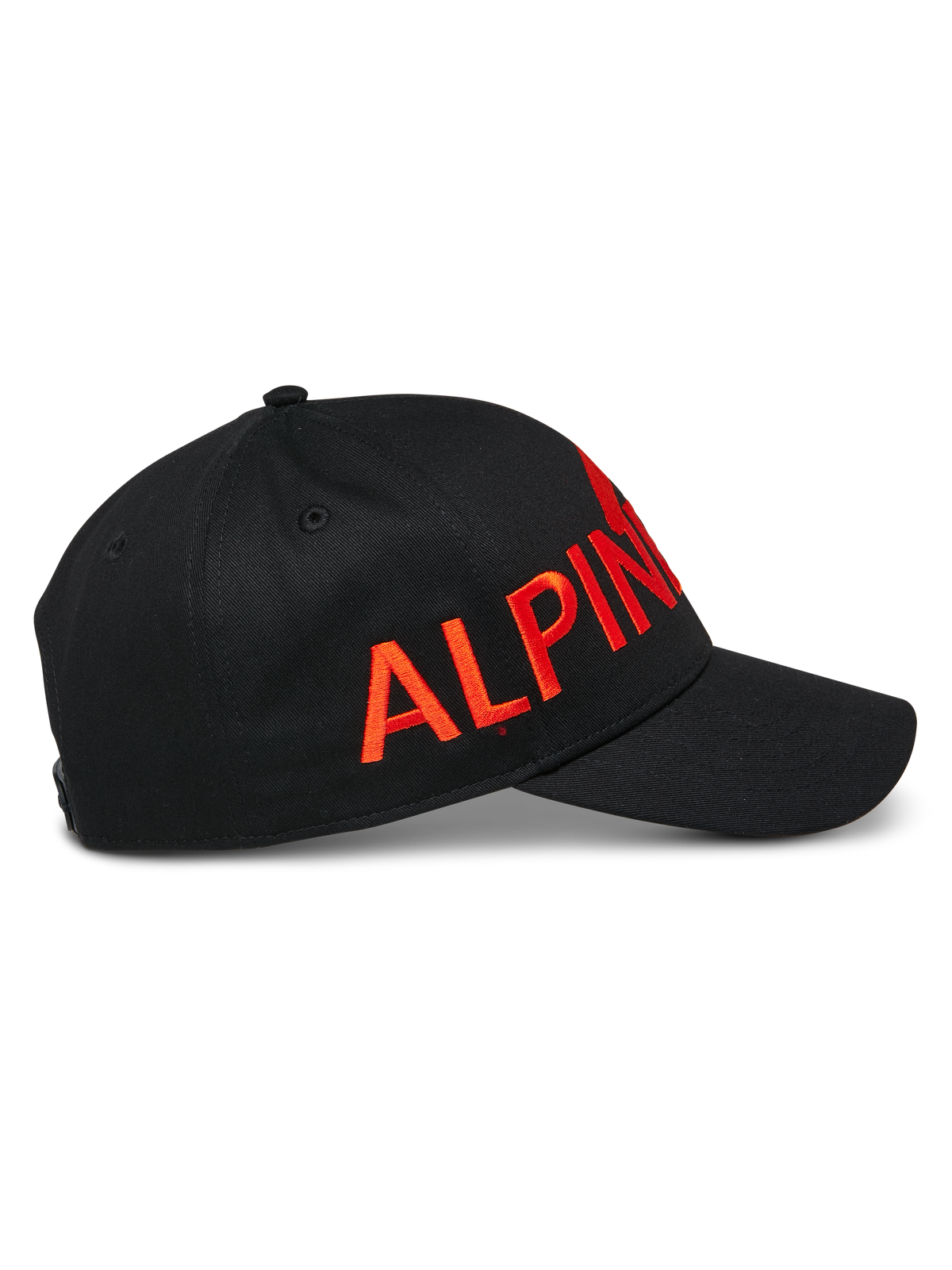 Alpinestars Committed Pet, zwarte snapback baseballcap, groot rood plat geborduurd logo, gebogen klep en gestructureerde kroon, casual sportaccessoire