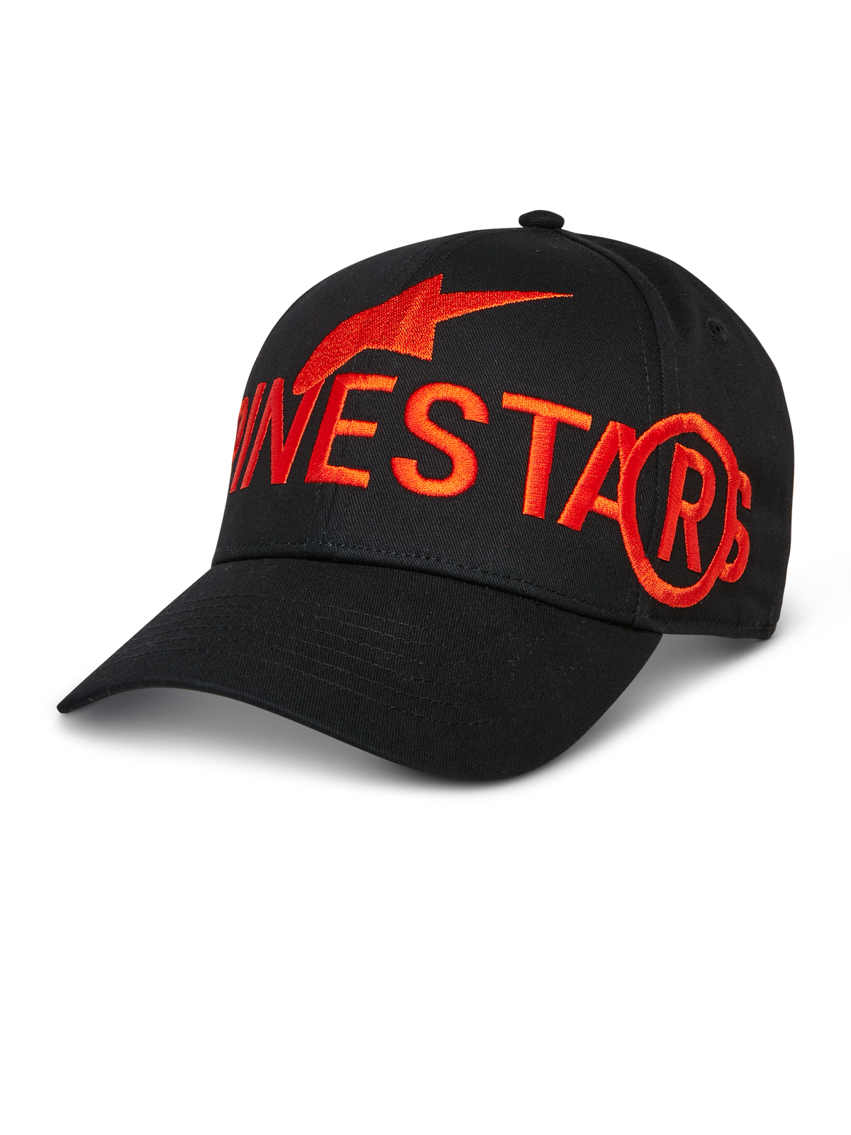 Alpinestars Committed pet, zwarte baseballcap, groot rood geborduurd logo en stersymbool, gebogen klep, gestructureerde kroon, casual sportswear lifestyle pet