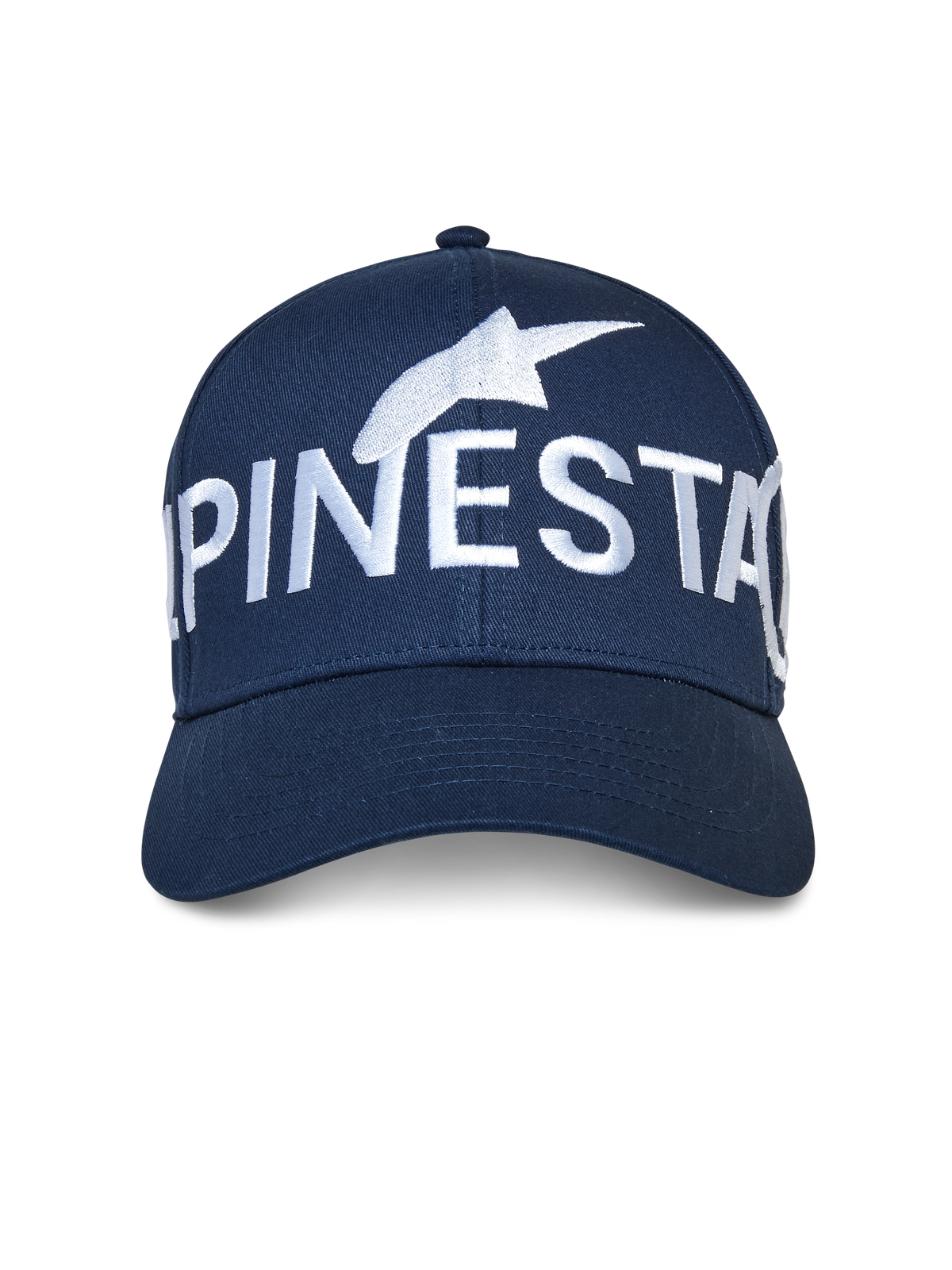 Alpinestars Committed pet, marineblauw, snapback baseballcap, met een groot wit geborduurd Alpinestars-logo op de voorkant, gestructureerde kroon met een gebogen klep, casual motorsport streetwear