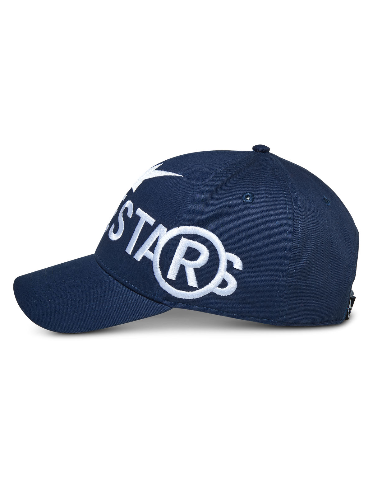 Alpinestars Committed pet, marineblauwe snapback, zijaanzicht met groot wit geborduurd logo, gebogen klep en gestructureerde kroon, casual sportkleding