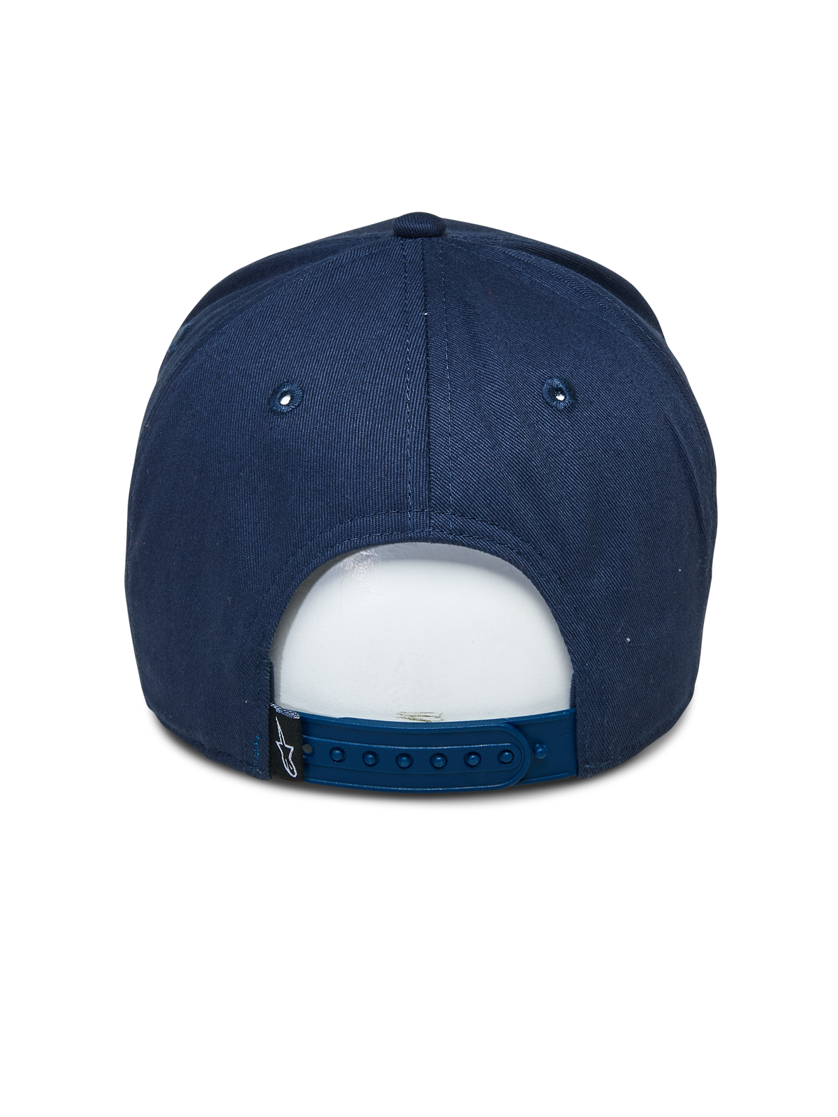 Alpinestars Committed pet, marineblauw, snapback baseballpet, achteraanzicht, voorzien van verstelbare plastic sluiting en klein zwart logolabel, casual motorsport-geïnspireerde hoofdbedekking