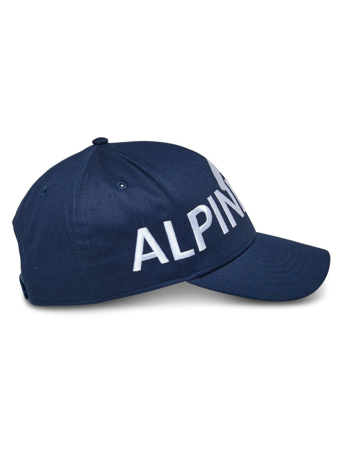 Alpinestars Committed pet, snapback baseballcap, donkerblauw, zijaanzicht met groot wit geborduurd logo, gestructureerde kroon met gebogen klep, duurzame twill-stof, casual motorsport hoofddeksel