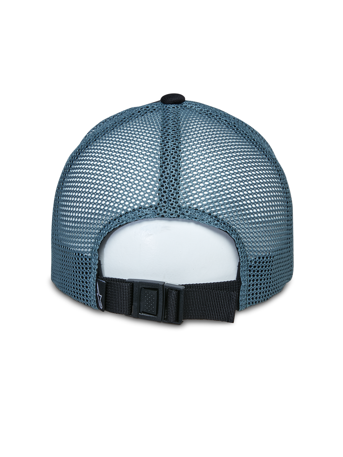 Alpinestars Vital Trucker pet, achteraanzicht, blauwe mesh achterpanelen, zwarte verstelbare gespsluiting, gestructureerde kroon, casual sportswear