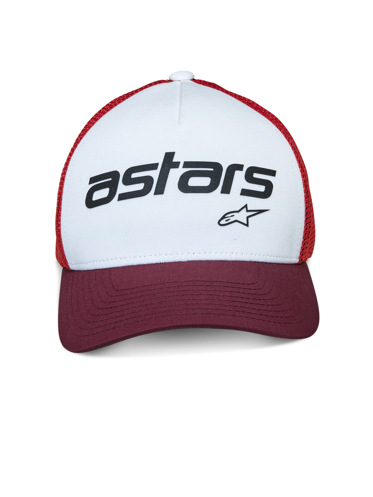 Alpinestars Vital Trucker Hat, truckerpet, wit, maroon en oranje, voorzien van een wit voorpaneel met zwart 'astars' logo, een maroon gebogen klep en oranje mesh, casual hoofddeksel geïnspireerd op de motorsport