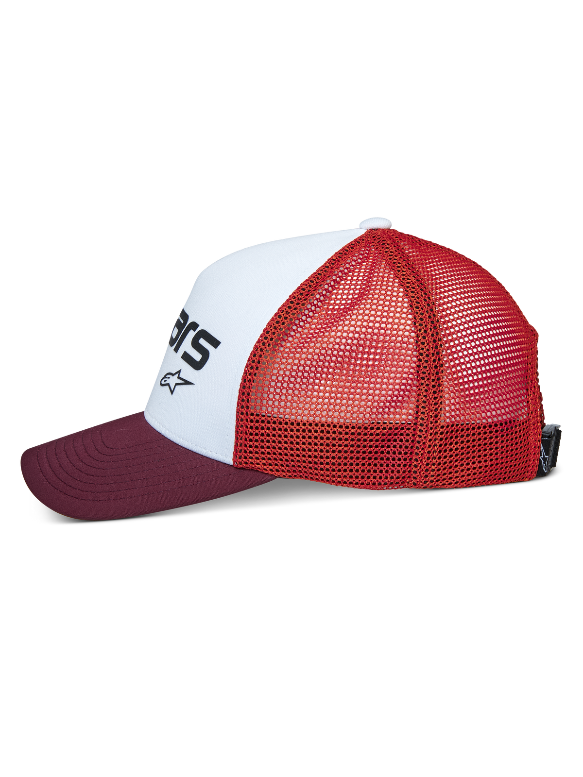 Alpinestars Vital Trucker Pet, zijaanzicht, wit gestructureerd voorpaneel met zwart logo, bordeauxrode gebogen klep, oranje mesh achterzijde, casual sportswear pet
