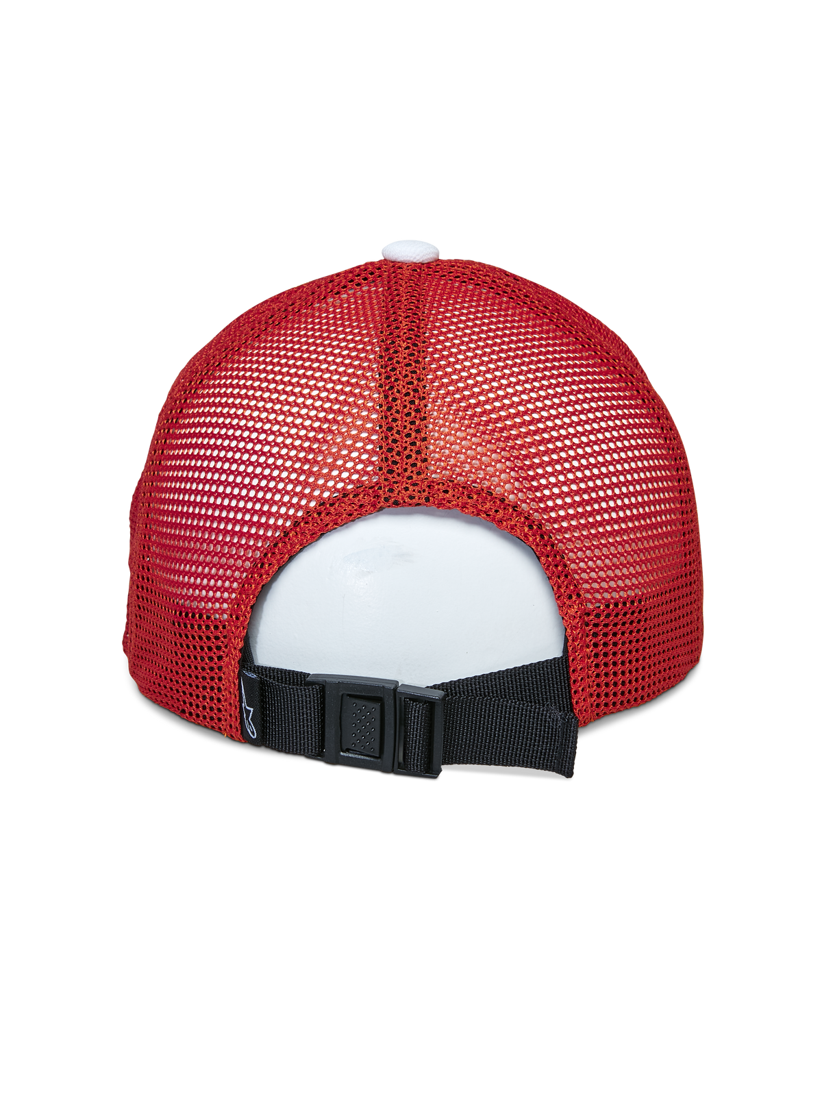 Alpinestars Vital Trucker pet, achteraanzicht, White Maroon Orange, met rode mesh panelen en een zwarte verstelbare gespsluiting aan de achterzijde, casual sportswear hoofdbedekking