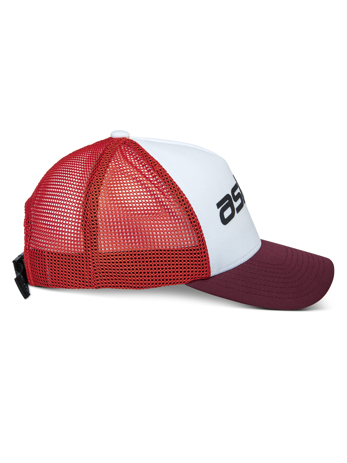 Alpinestars Vital Trucker Pet, casual truckerpet, wit bordeauxrood oranje, zijprofielaanzicht met een gebogen klep en mesh achterkant, verstelbare gespsluiting, gestructureerde kroon met zwart logo
