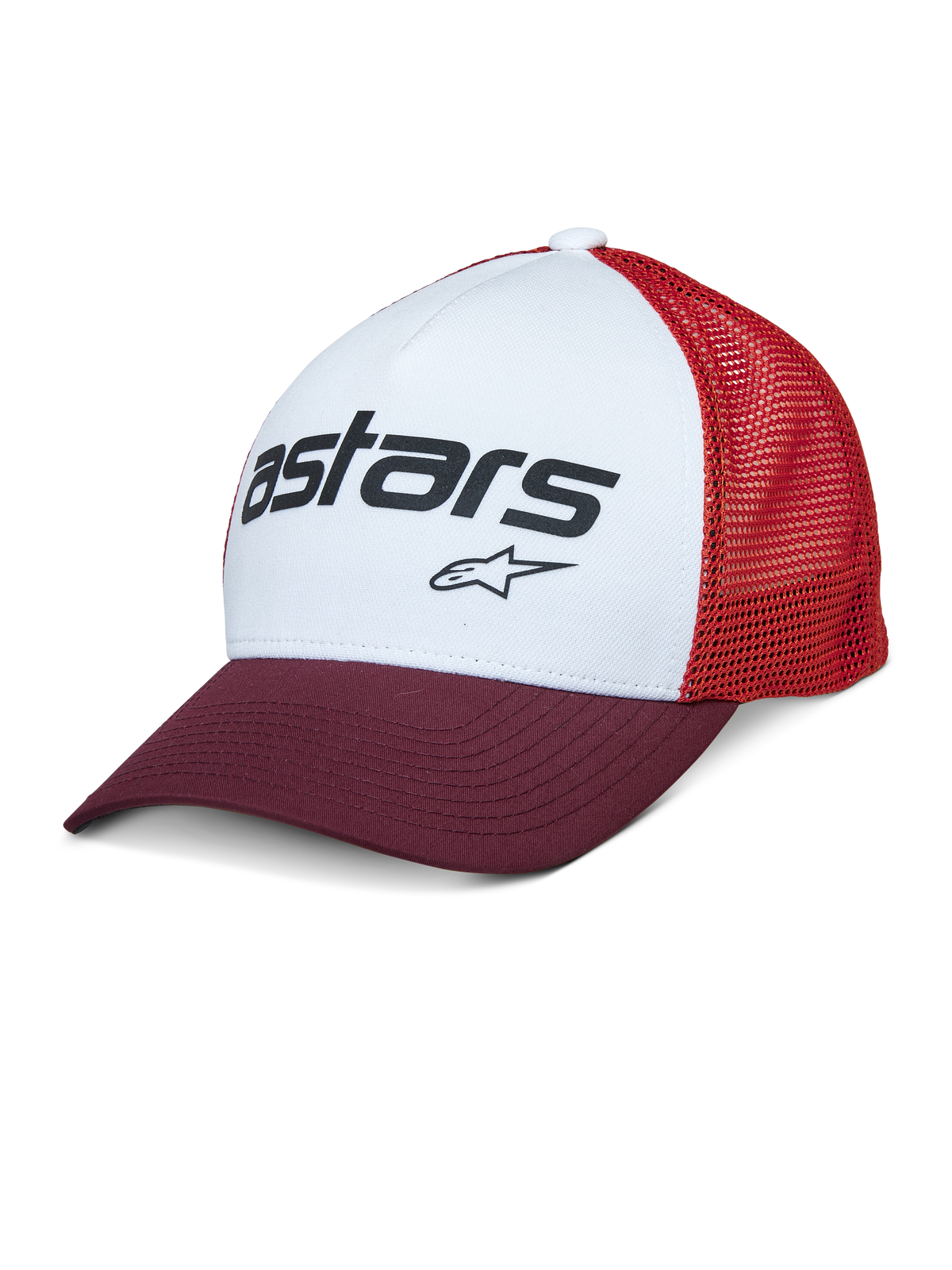 Alpinestars Vital Trucker Pet, wit voorpaneel met bordeauxrode gebogen klep en rode mesh achterzijde, zwart Astars-tekstlogo, casual gestructureerde truckerpet met gebogen klep