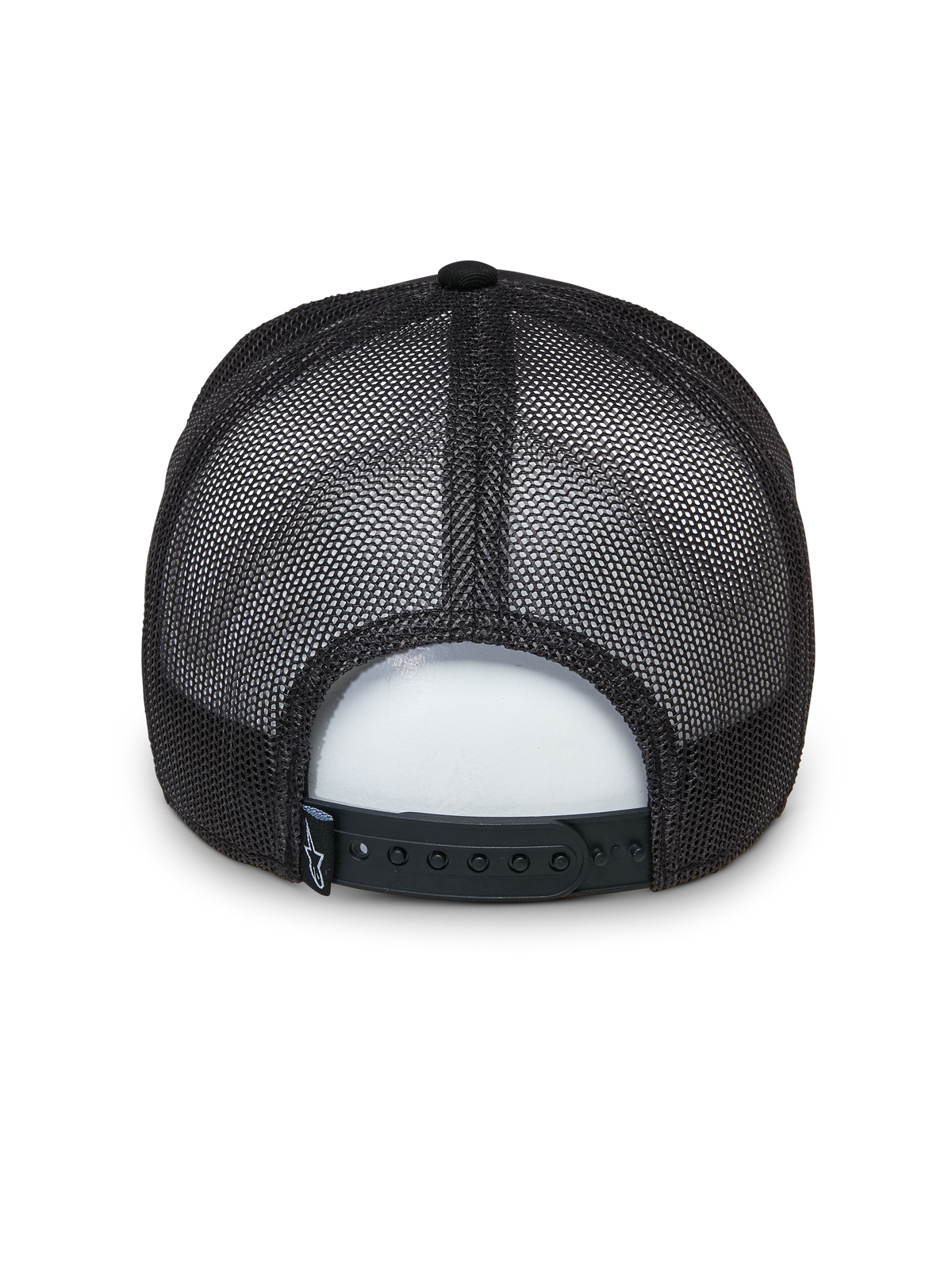 Alpinestars Selica Trucker pet, zwart, achteraanzicht met ademende mesh-panelen en een verstelbare snapback-sluiting, klein geweven logolabel, klassiek gestructureerd trucker-ontwerp voor casual wear