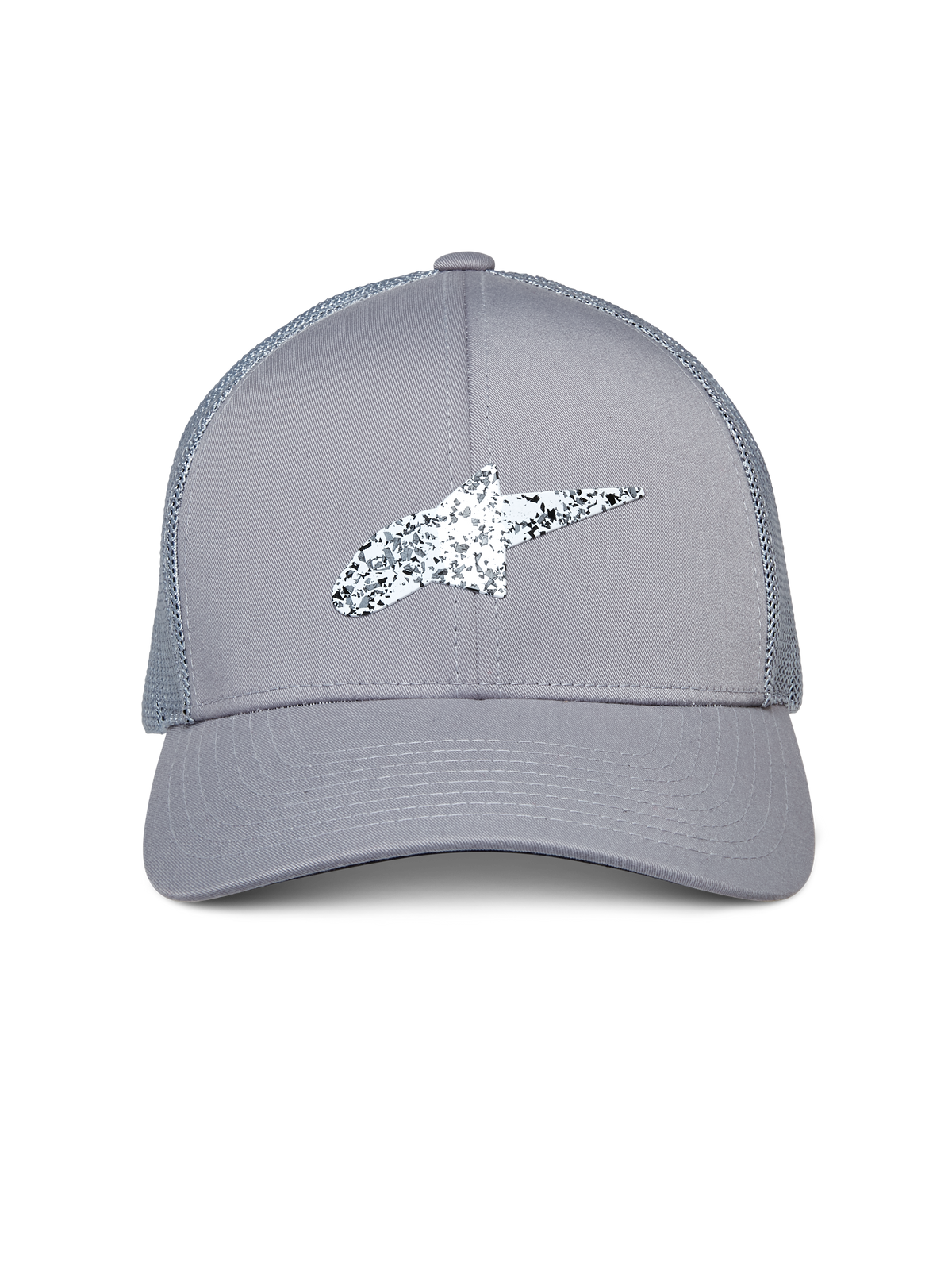Alpinestars Terolithic Trucker pet, grijs, voorzien van een gespikkeld zwart-wit Astar-logo, gebogen klep en achterzijde van mesh, casual op de motorsport geïnspireerde hoofdbedekking