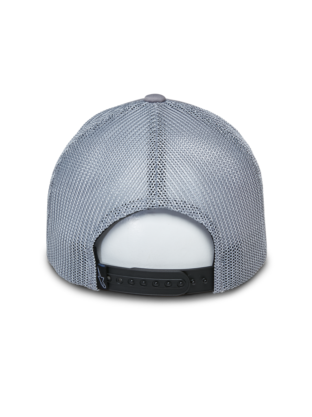 Alpinestars Terolithic Trucker pet, grijze truckerpet, achteraanzicht met grijze mesh-panelen en zwarte snapback-sluiting, casual motorsport-geïnspireerde hoofdbedekking