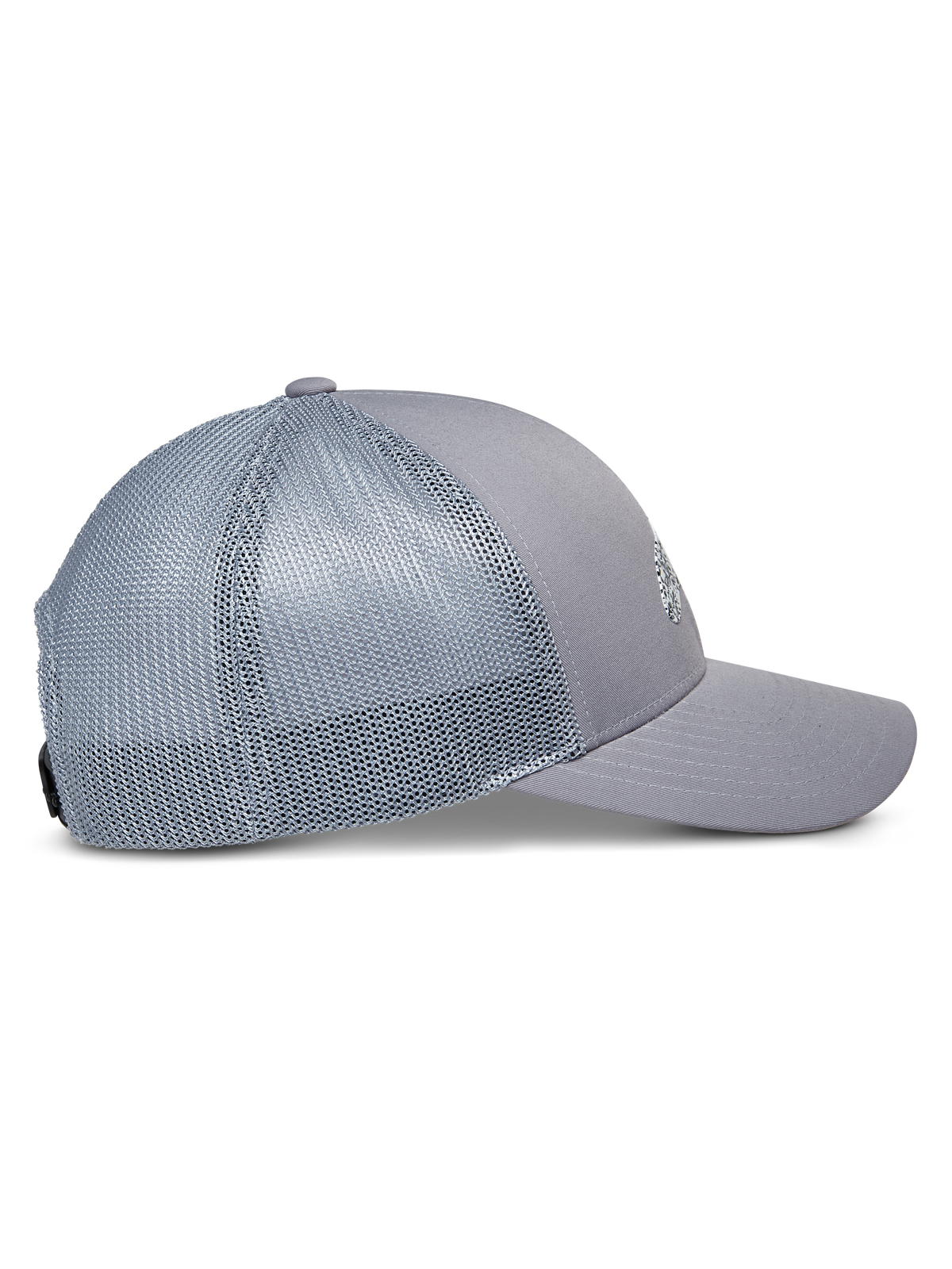 Alpinestars Terolithic Trucker pet, grijs, zijaanzicht met gebogen klep en mesh achterpanelen, gestructureerde lage kroon, casual sportkleding