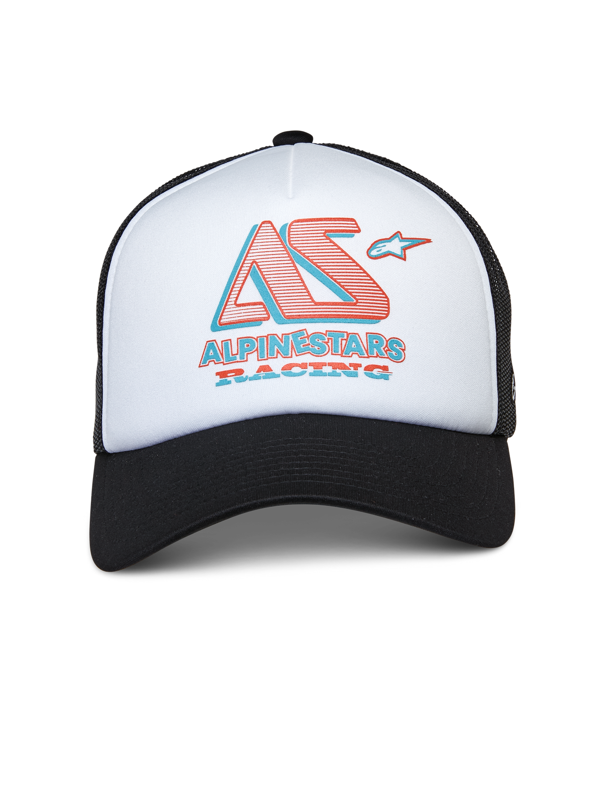 Alpinestars Ayess Trucker Hat, white and black trucker cap, white foam front panel with black curved brim and mesh back, stylized AS and Alpinestars Racing logo in red and blue, casual motorsport-inspired streetwear
