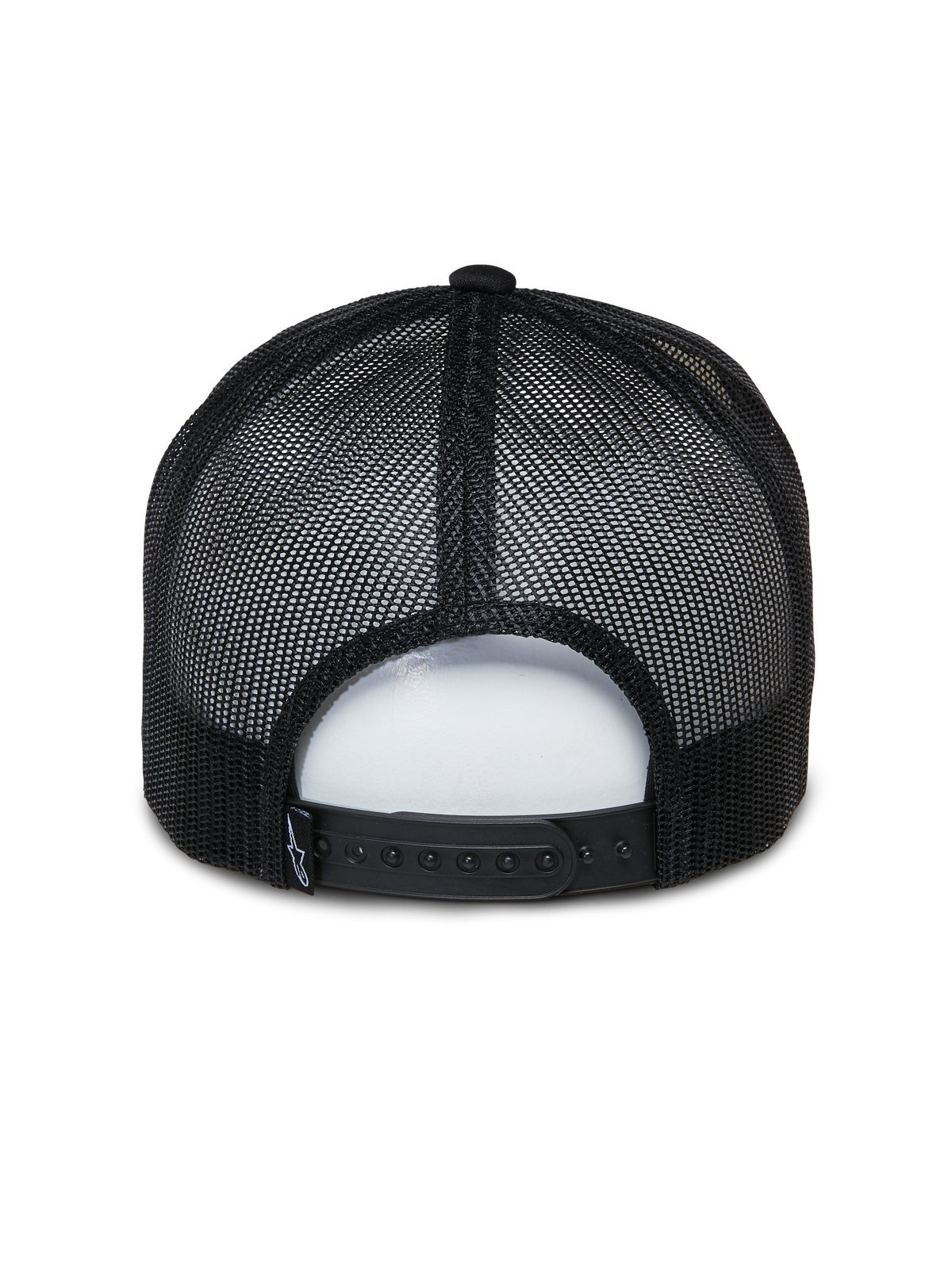 Alpinestars Ayess Trucker Hat, Casual Sportswear Hat, White and Black, back view featuring black breathable mesh panels and adjustable snapback closure, classic foam crown trucker design