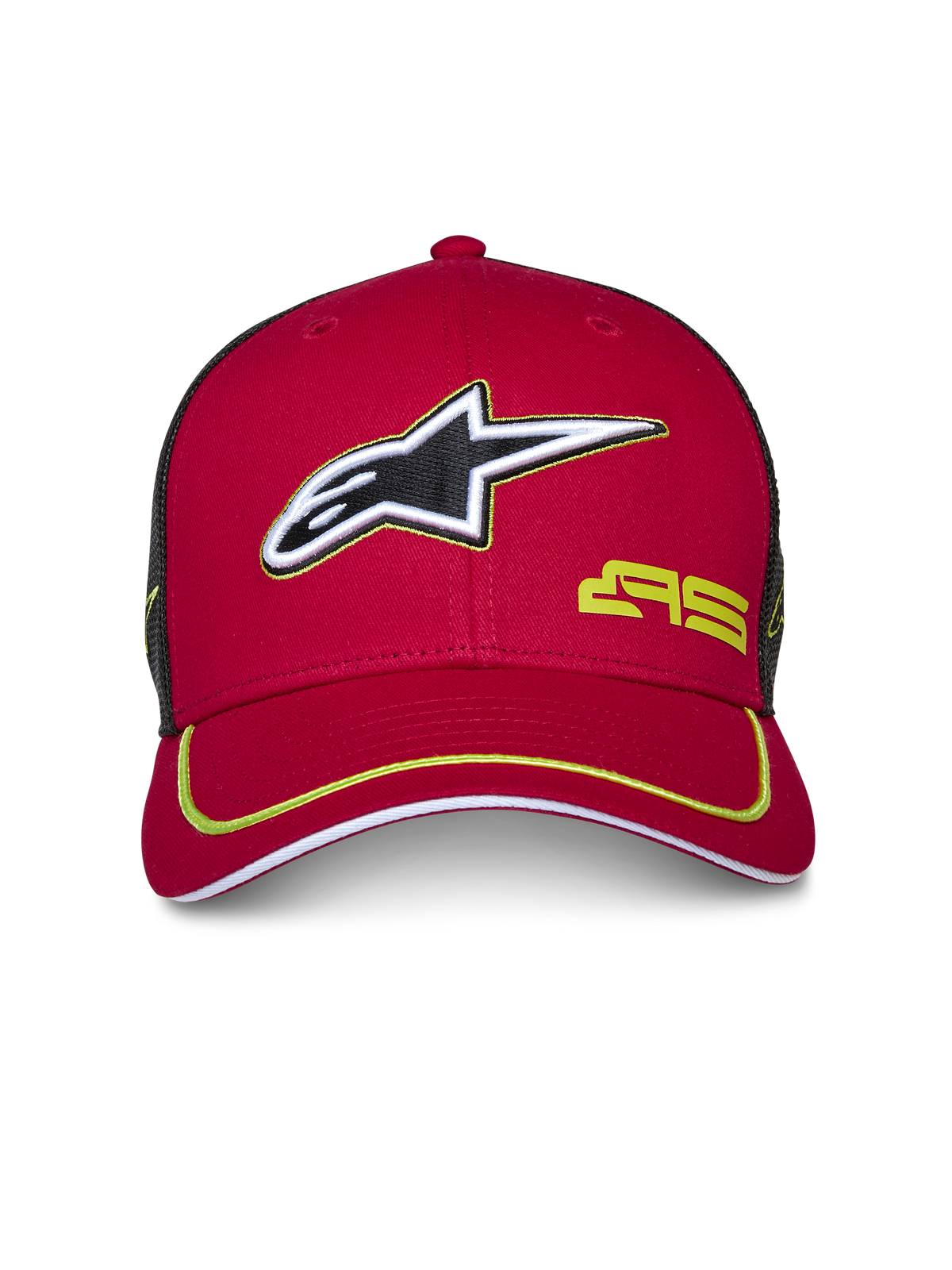 Alpinestars Exceed Trucker Hat, Red and Black, Curved Bill with Lime Green piping, 3D embroidered Alpinestars logo, black mesh back, structured crown, casual motorsport headwear