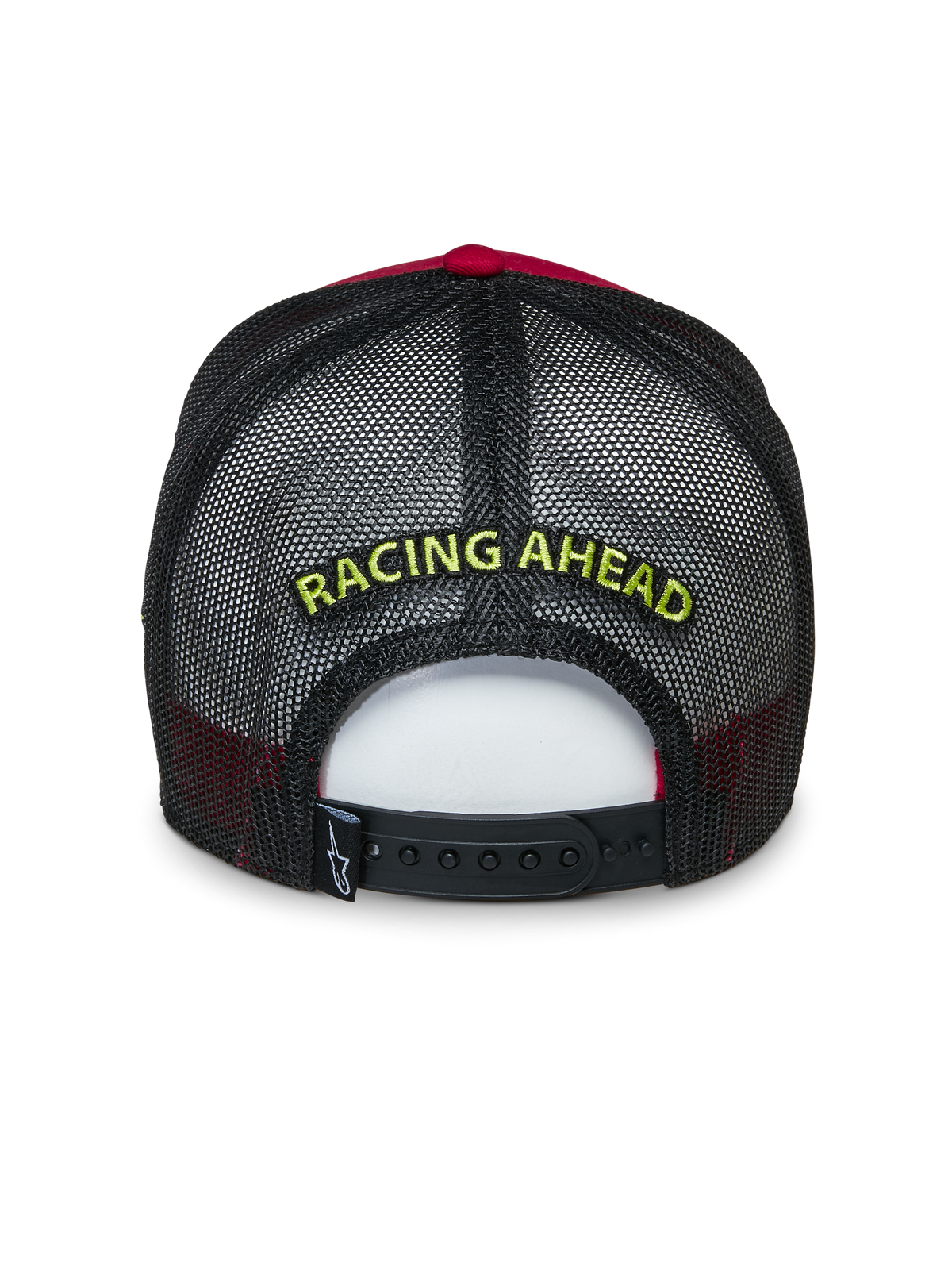 Alpinestars Exceed Trucker Hat, Rear View, Red and Black, features yellow "RACING AHEAD" embroidery on black mesh, adjustable snapback closure, casual sportswear headwear