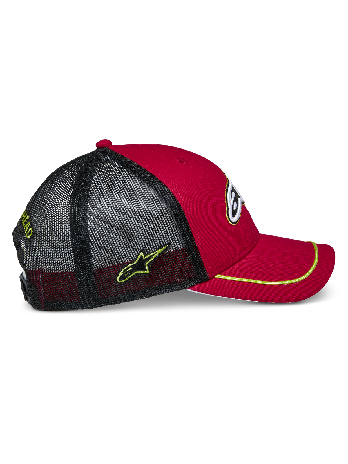 Alpinestars Exceed Trucker Hat, Red and Black with Neon Yellow accents, featuring a curved bill with neon yellow sutache trim, red structured crown, and black mesh back with embroidered side logo, casual motorsport style