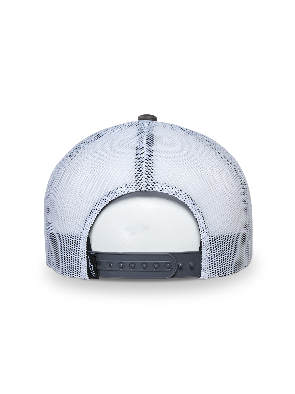 Alpinestars That Way Trucker pet, truckerpet, grijs en wit, achteraanzicht met witte mesh panelen en grijze snapback-sluiting, verstelbare pasvorm, casual sportswear hoofdbedekking