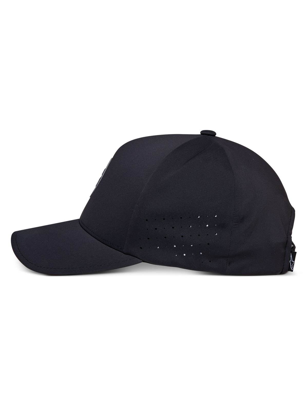 Alpinestars Apex pet, zwart, zijaanzicht, gebogen klep met gestructureerde kroon, perforaties aan de zijpanelen voor ademend vermogen, vochtafvoerende technische stof, casual performance sportkleding