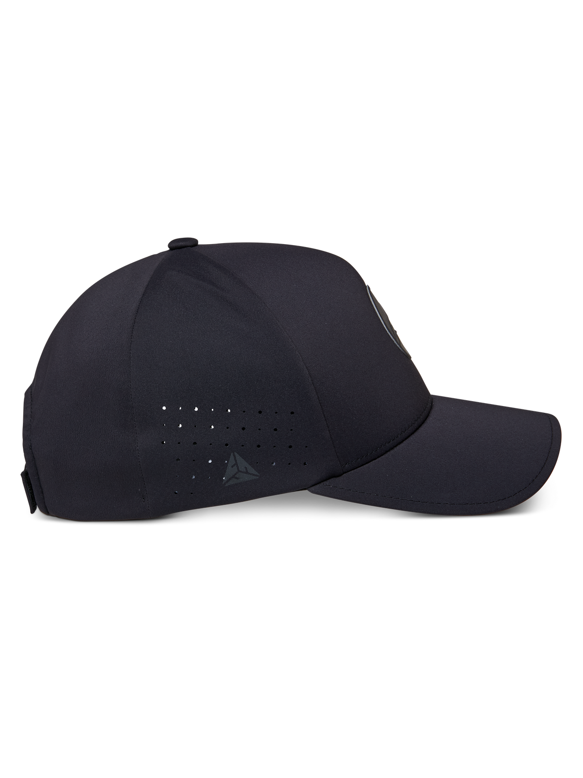 Alpinestars Apex pet, zijaanzicht, zwart, voorzien van een gestructureerde kroon en gebogen klep, perforaties aan de zijpanelen, klein reflecterend logo en een gladde naadloze constructie voor een strakke uitstraling