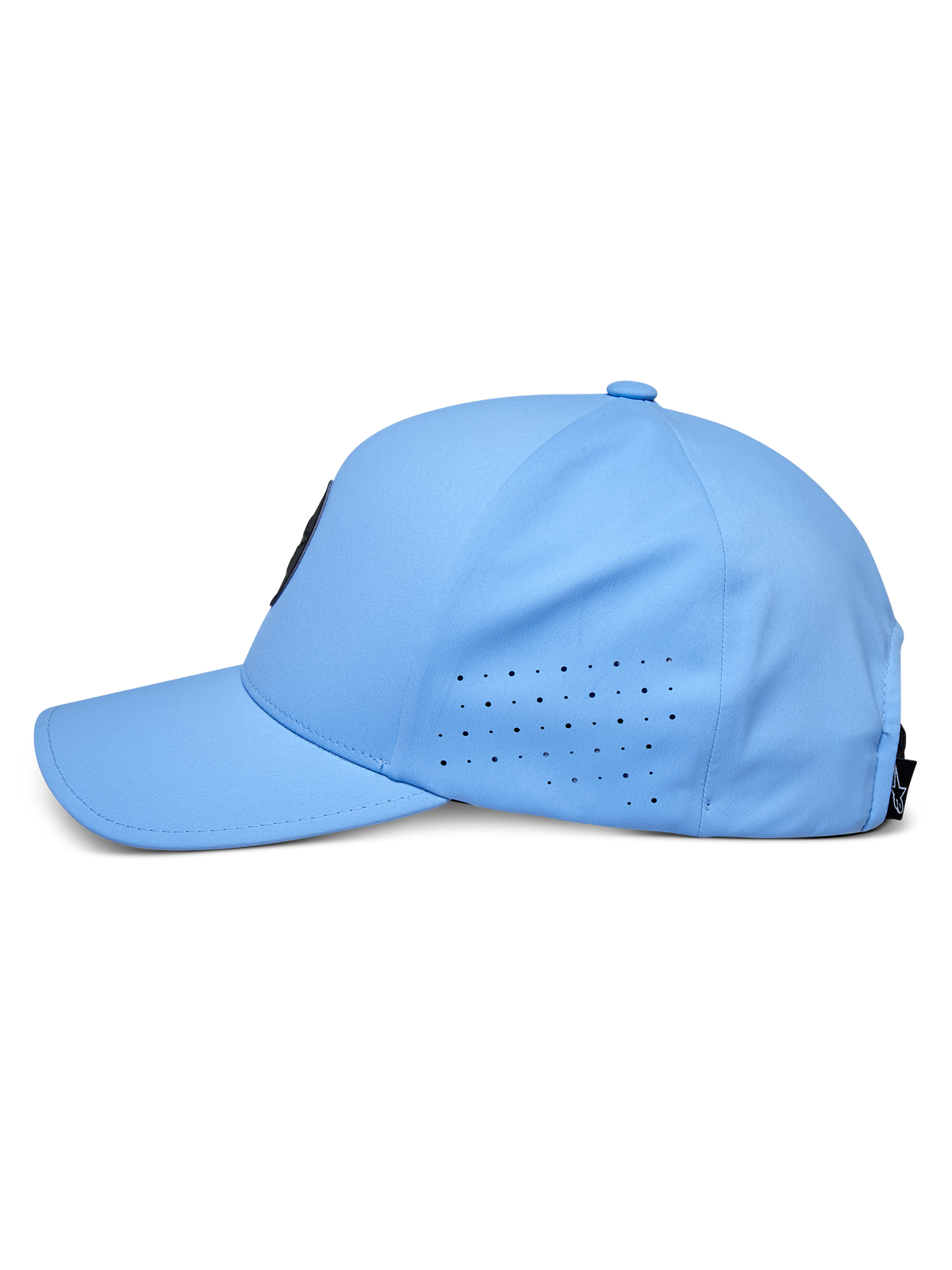 Alpinestars Apex pet, blauw, zijaanzicht, gebogen klep met geperforeerde zijpanelen voor ventilatie, technische vochtafvoerende stof, op motorsport geïnspireerde performance pet