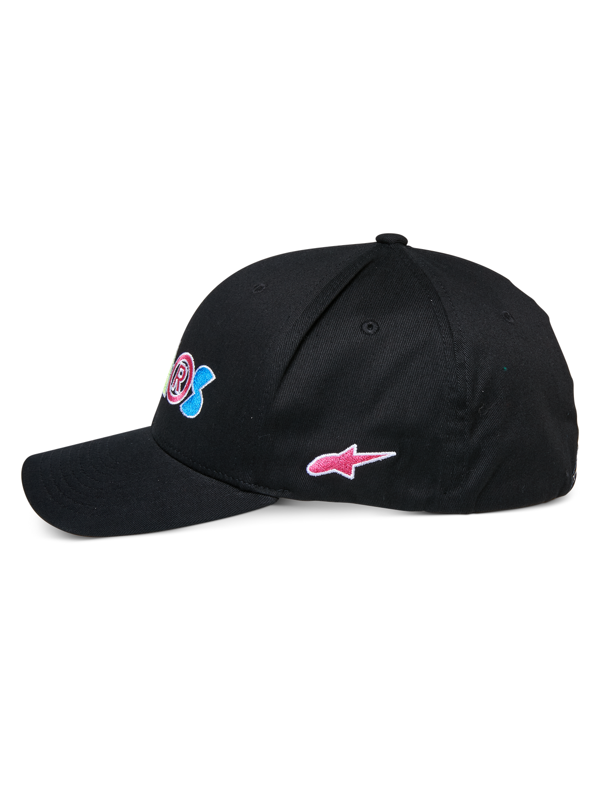 Alpinestars Cereal pet, zwarte baseballcap, zijaanzicht, gebogen klep met gestructureerde kroon, voorzien van kleurrijk borduursel aan de voorzijde en een roze Alpinestars sterlogo aan de zijkant, casual sportswear hoofdbedekking