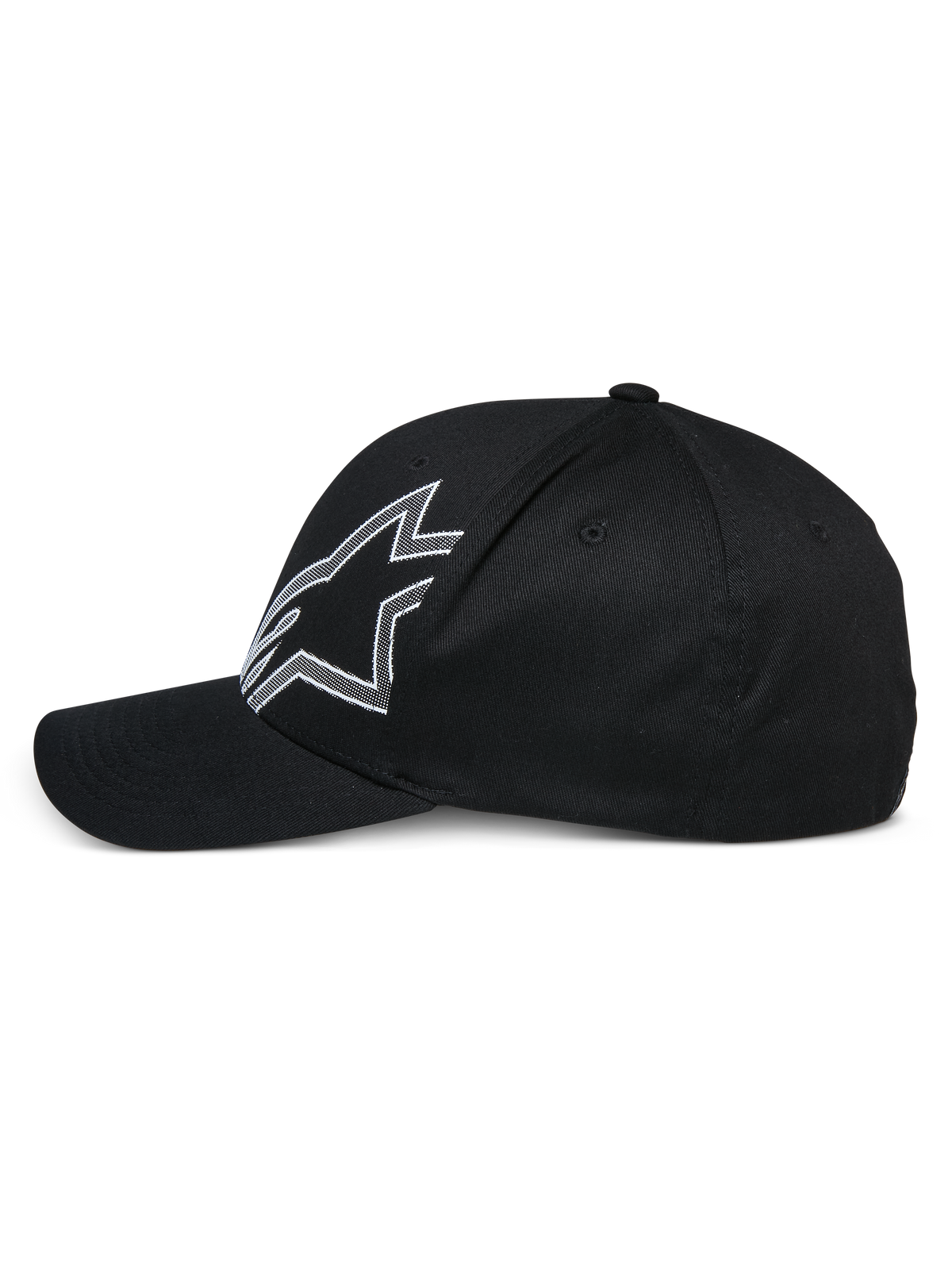 Alpinestars Share pet, zwarte baseballcap, zijaanzicht, met een groot wit omlijnd Astars-logo, gebogen klep, gestructureerde kroon, casual motorsport-geïnspireerde hoofdbedekking