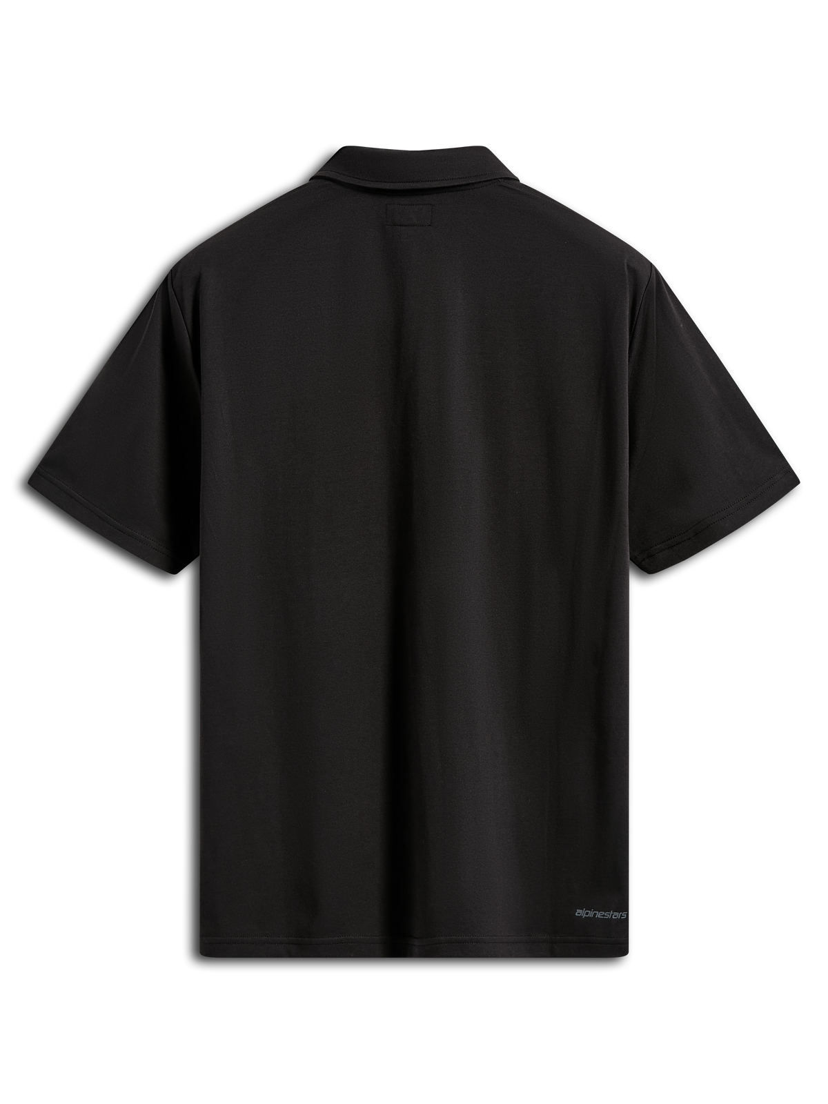 Alpinestars Impetus Sport Polo, polo met korte mouwen, zwart, achteraanzicht met zelfkraag en klein Alpinestars-logo op de onderste zoom, casual mock-mesh sportkleding