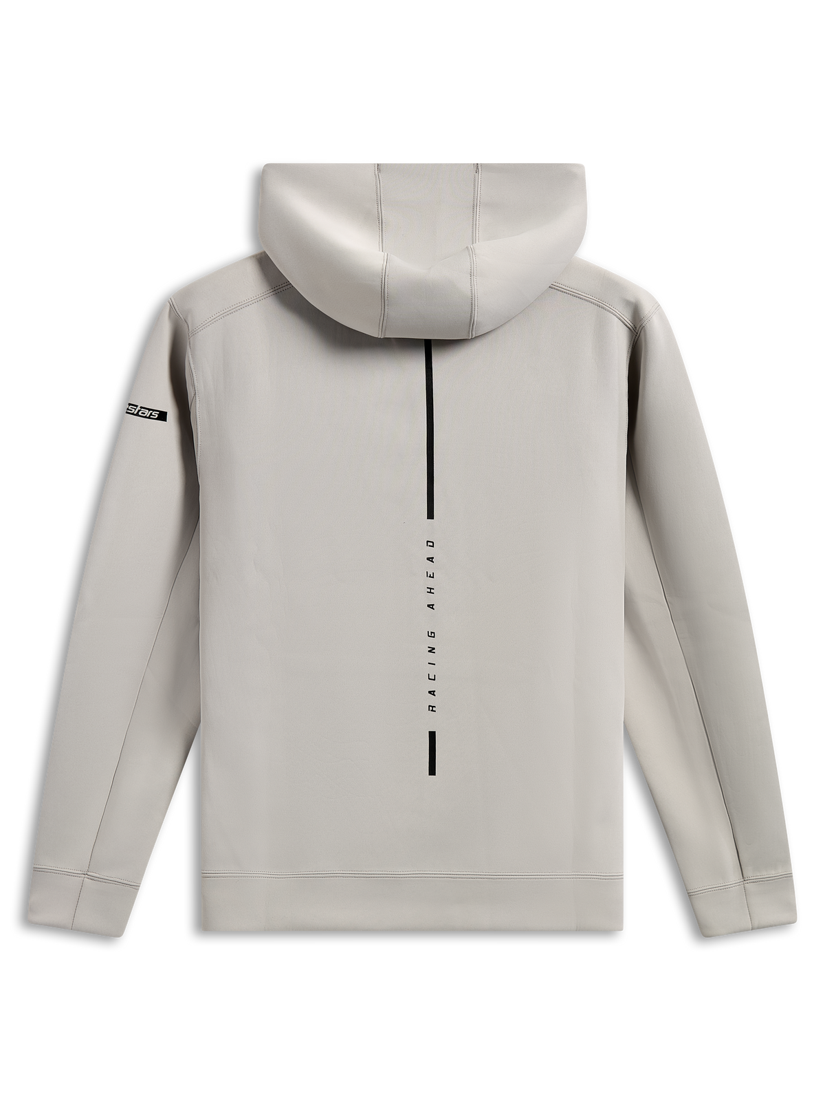 Alpinestars Insight Hoodie, back view of cement gray pullover, featuring a vertical black stripe with 'RACING AHEAD' text, small Astars sleeve logo, smooth tri-blend double face fleece, casual motorsport streetwear