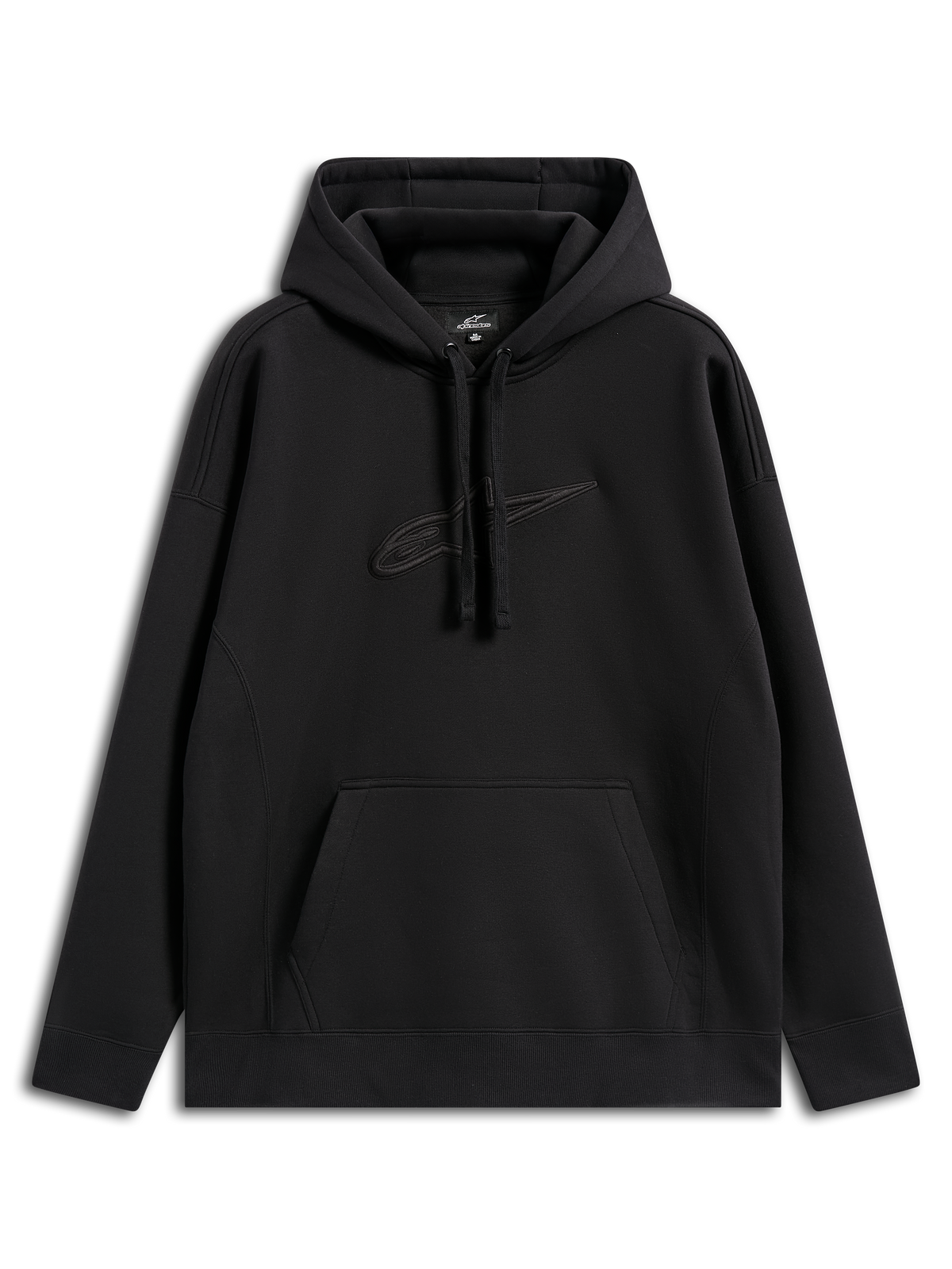 Alpinestars Emergent Oversized Hoodie, casual streetwear, zwart met tonaal geborduurd Astars-logo, oversized pasvorm, capuchon met trekkoord, kangoeroezak, modern op motorsport geïnspireerd ontwerp