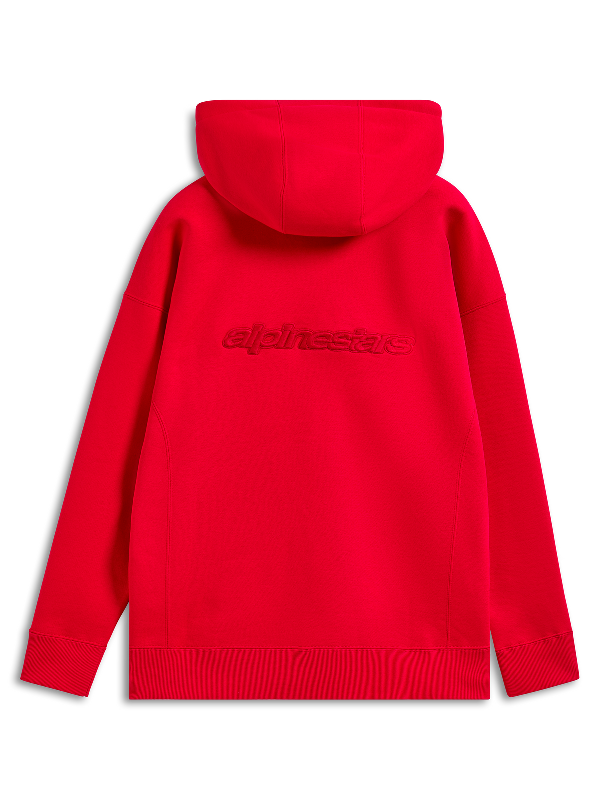 Alpinestars Emergent Oversized Hoodie, rode hoodie, achteraanzicht met tonaal geborduurd Alpinestars-woordlogo op de rug, oversized pasvorm met geribbelde manchetten en zoom, casual motorsport streetwear