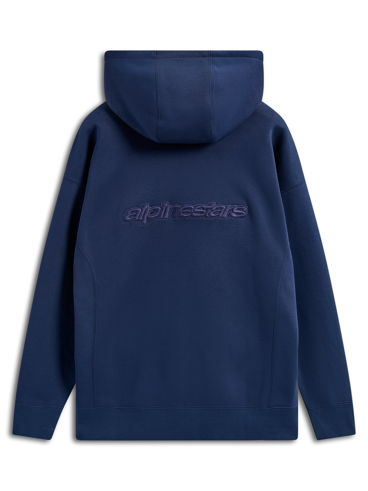 Alpinestars Emergent Oversized Hoodie, donkerblauw, achteraanzicht met geborduurd Alpinestars-woordlogo, oversized pullover fleece, casual streetwear met capuchon met trekkoord en geribbelde manchetten
