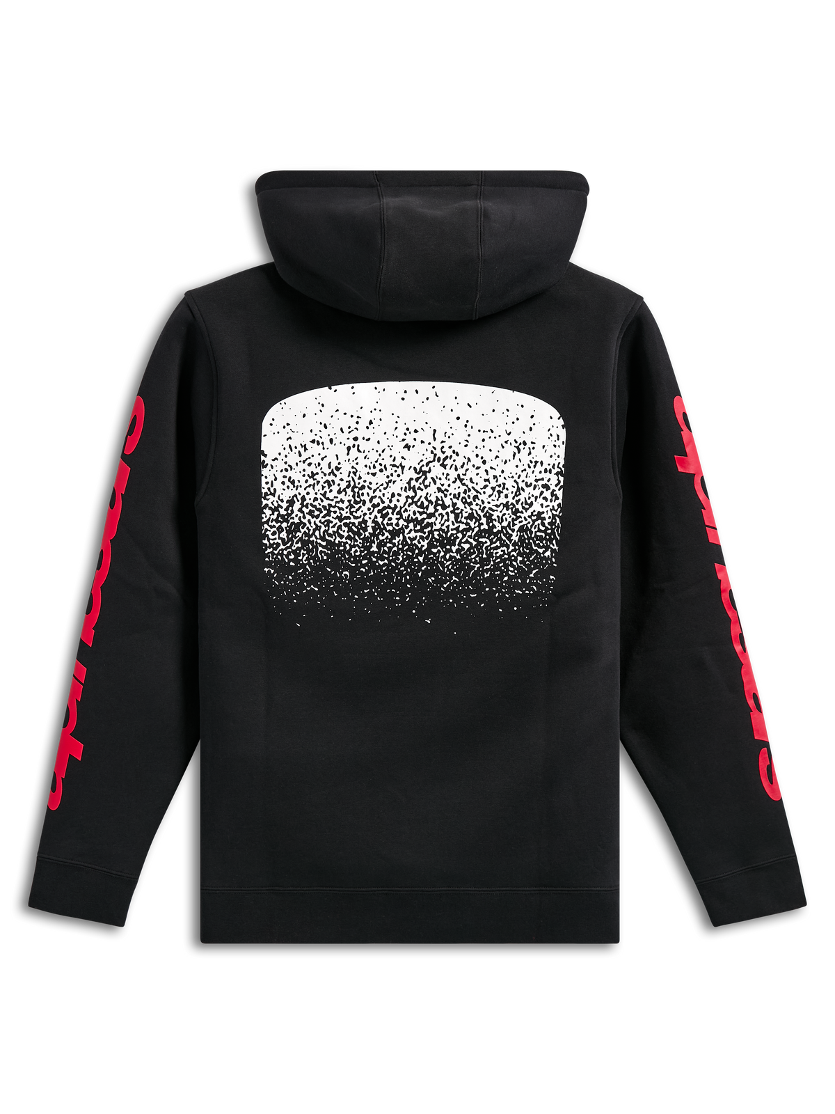 Alpinestars Obsessed Hoodie, black pullover fleece hoodie, back view, large white MX gradation graphic on back, red Alpinestars word logos on sleeves, casual motorsport-inspired streetwear