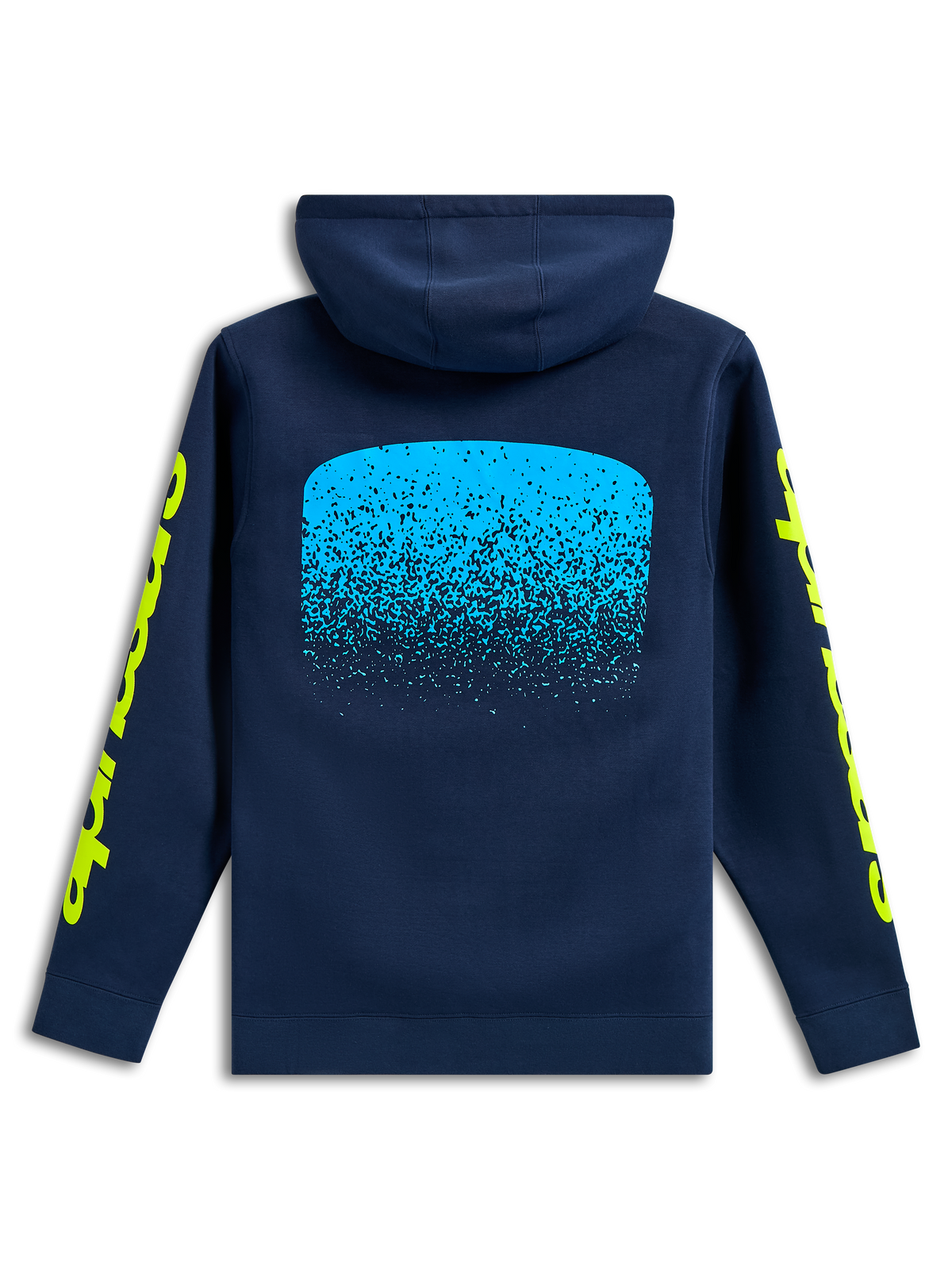 Alpinestars Obsessed Hoodie, achteraanzicht, donkerblauw, lichtblauwe MX-verloop graphic op de rug, gele Alpinestars woordlogo's op de mouwen, casual motorsport streetwear