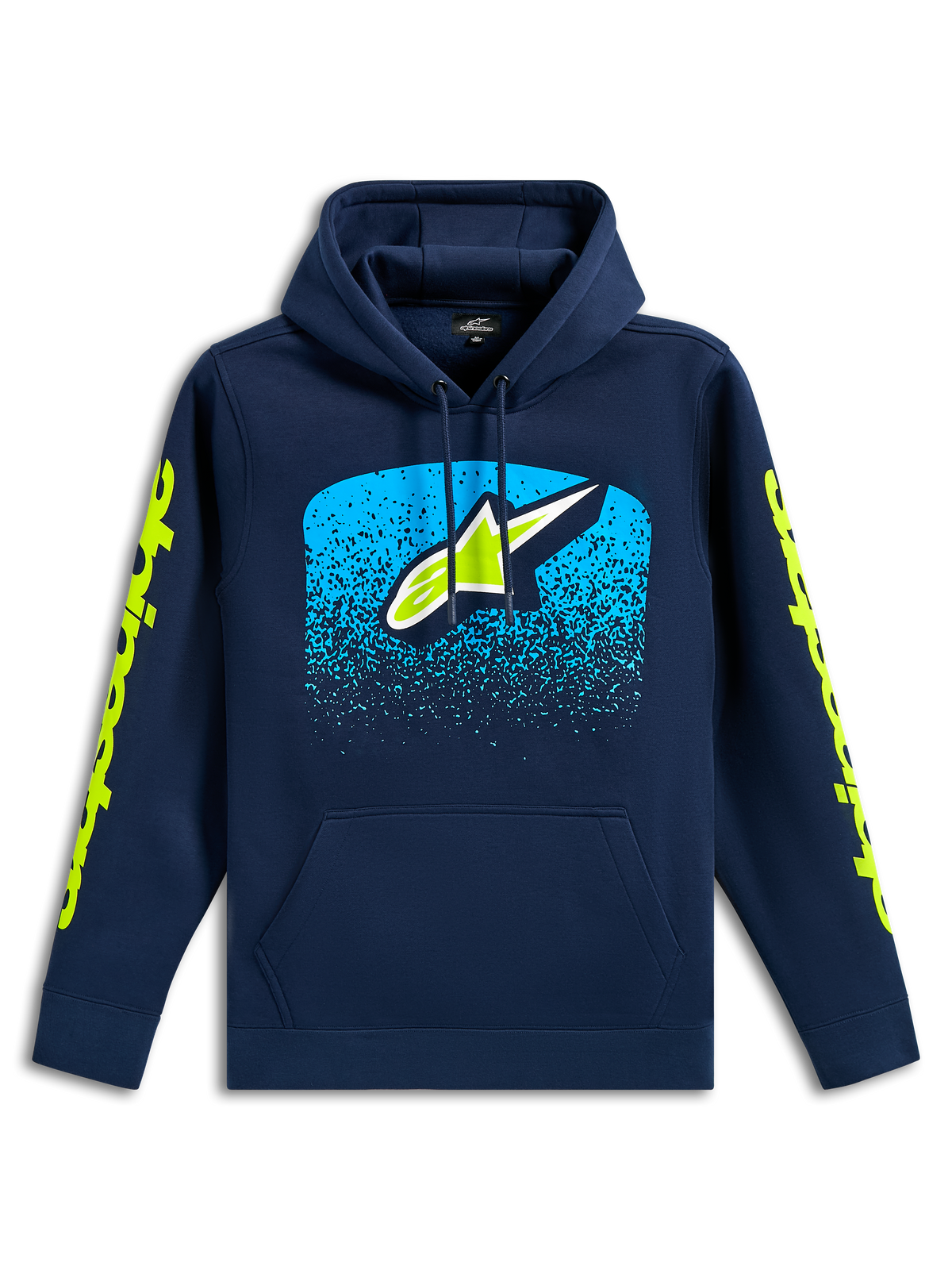 Alpinestars Obsessed Hoodie, donkerblauwe casual pullover sweatshirt, Astars-logo op de borst met cyaan MX-verloopgraphic, limoengroene woordlogo's op de mouwen, capuchon met trekkoord en kangoeroezak, motorsport-geïnspireerd ontwerp