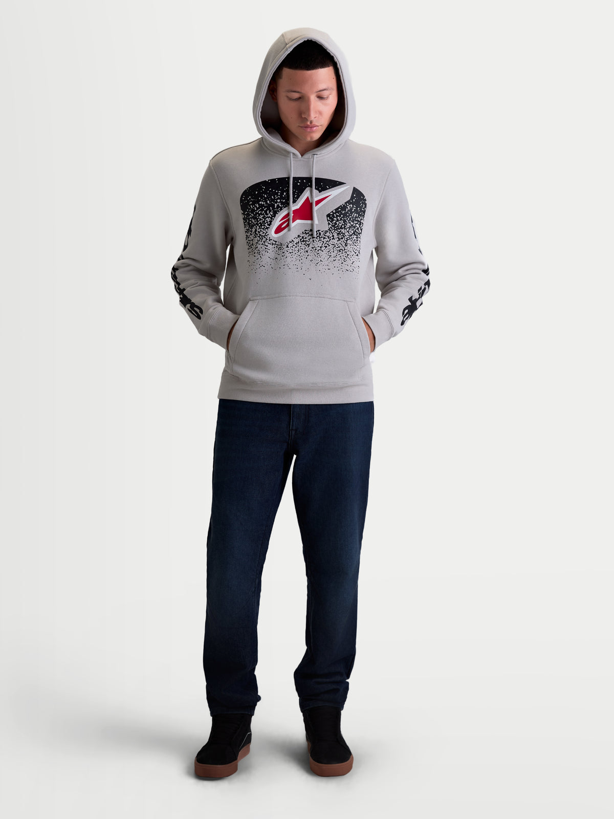 Alpinestars Obsessed Hoodie, Men's Sportswear Pullover Fleece in Cement Gray with Red and Black MX-inspired Gradient Graphics, front Astars logo and sleeve branding, soft cotton and recycled polyester blend for casual motorsport lifestyle.