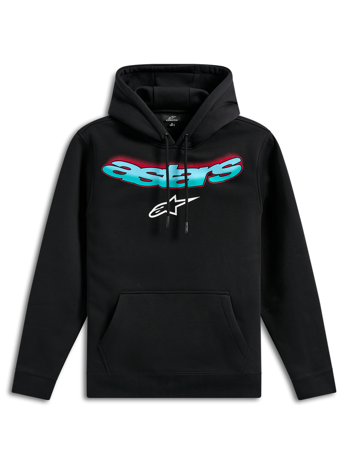 Alpinestars Ellipsoid Hoodie, zwarte fleece pullover, voorzien van een gebogen Astars-woordmerk met een teal en rood kleurverloop en een wit ster-logo, capuchon met trekkoord, kangoeroezak, casual motorsport-geïnspireerde streetwear