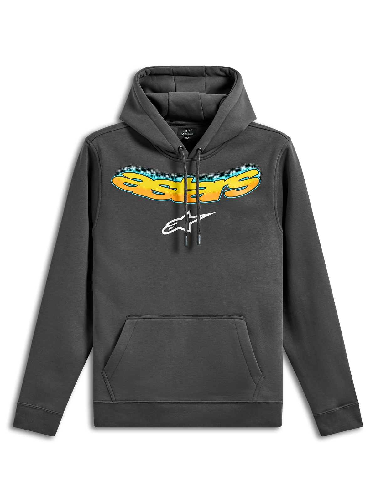 Alpinestars Ellipsoid Hoodie, pullover fleece hoodie, gunmetal grijs, met een gebogen Astars-tekst in geel-oranje kleurverloop en wit Astars-logo, kangoeroezak aan de voorzijde, casual motorsport-geïnspireerde streetwear