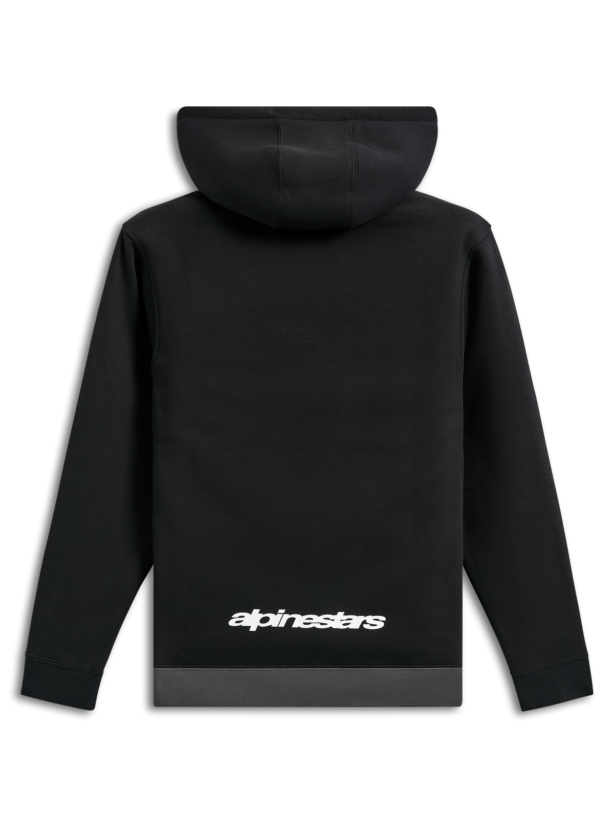 Alpinestars Parallel Hoodie, achteraanzicht, zwart met een gunmetal grijze zoom, wit Alpinestars woordlogo op de onderrug, casual motorsport-geïnspireerde streetwear, lange mouwen met geribde manchetten