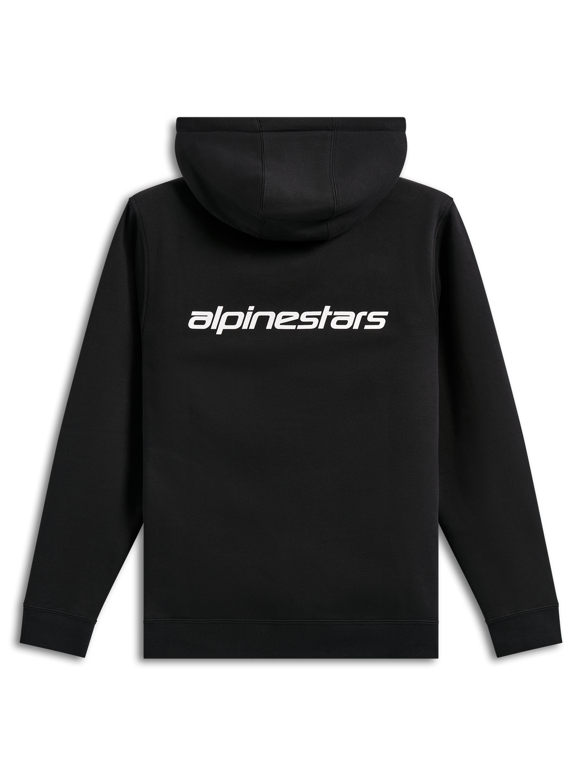 Alpinestars Transverse Hoodie, casual streetwear, zwart met wit Alpinestars-woordlogo op de rug, fleece hoodie, geribde manchetten en zoom, modern motorsport-geïnspireerd ontwerp