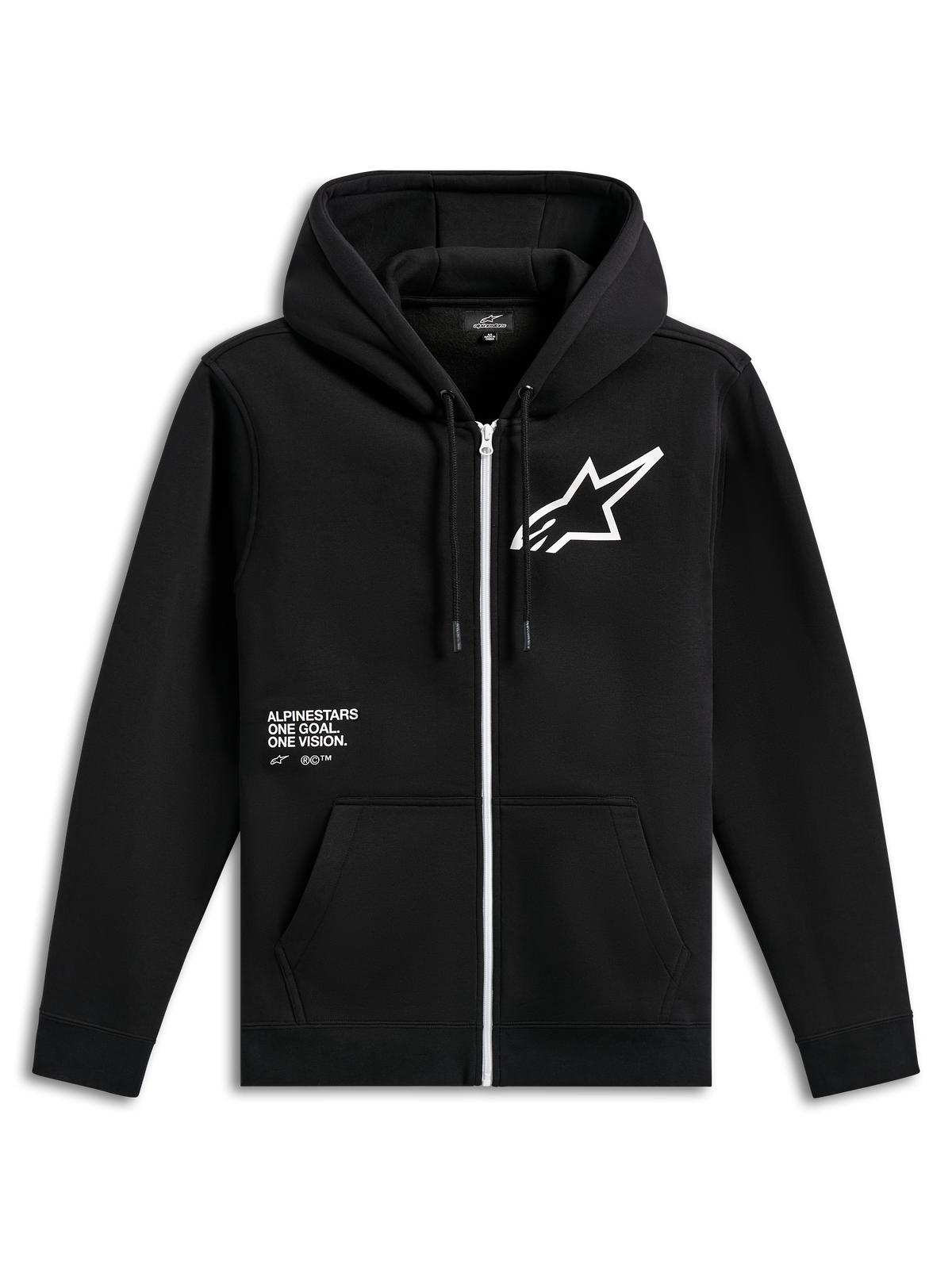 Alpinestars Transverse Hoodie, zwart fleecevest met rits aan de voorkant, voorzien van een witte rits, groot wit Astars-logo op de borst, 'One Goal, One Vision' tekstprint, capuchon met trekkoord en geribde boorden, casual motorsport streetwear