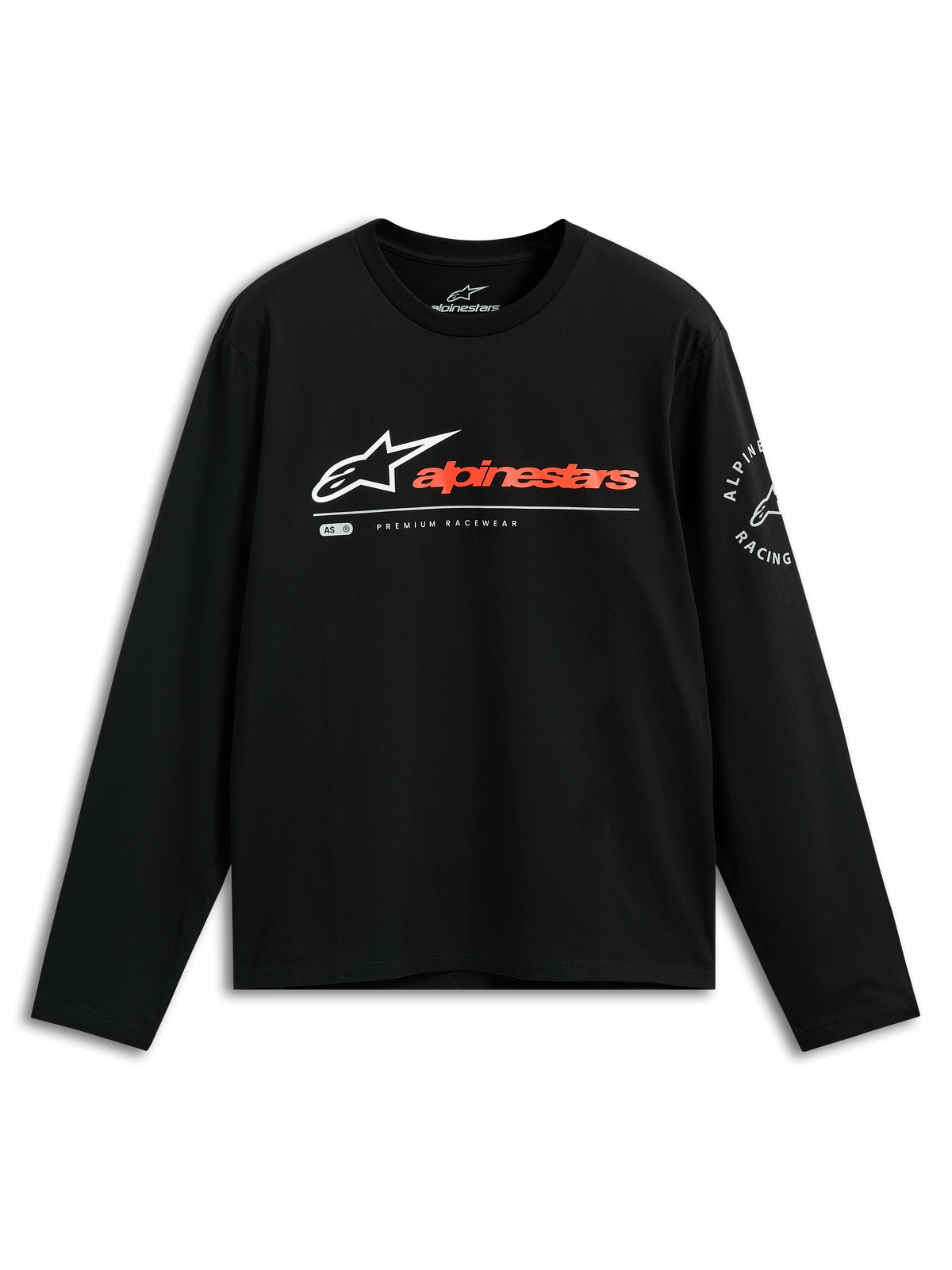 Alpinestars Mandatory CSF Tee, longsleeve T-shirt, zwart, wit Astars-logo met roodoranje woordmerk, cirkelvormige Alpinestars Racing-graphic op de mouw, casual motorsport streetwear