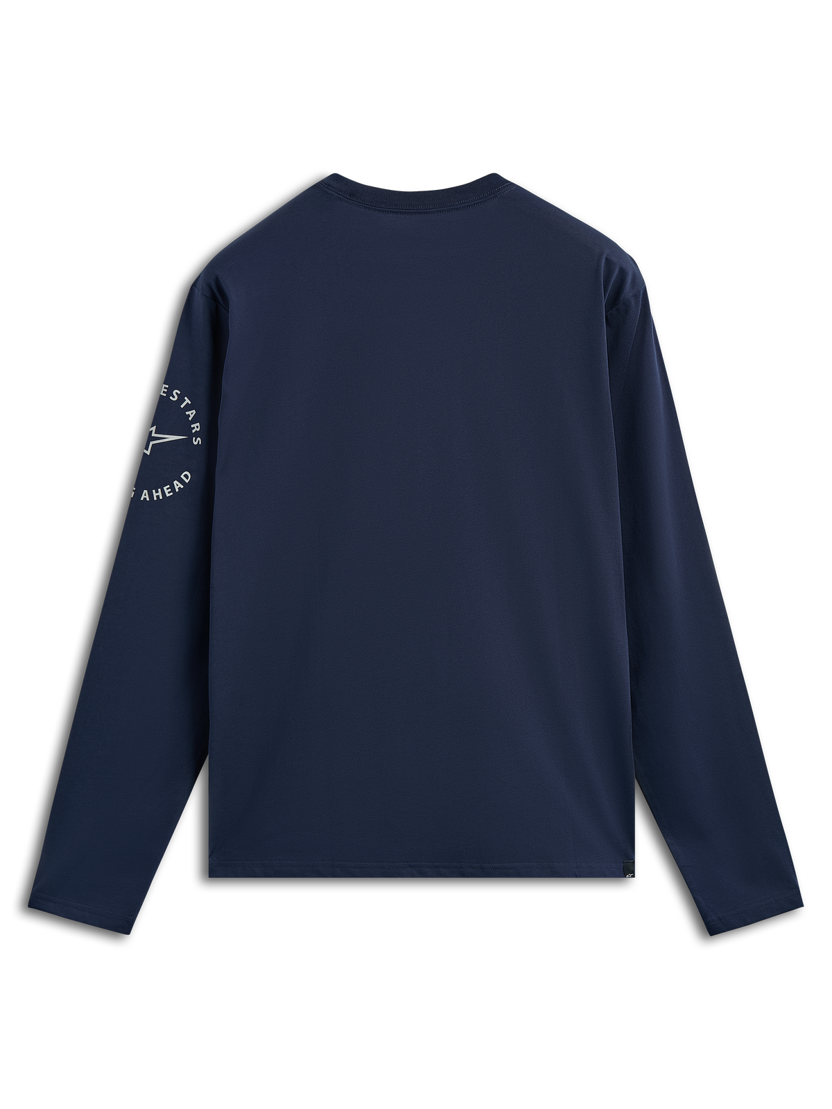 Alpinestars Mandatory CSF Tee, T-shirt met lange mouwen, marineblauw, achteraanzicht met wit cirkelvormig Astars-logo op de linkermouw, casual motorsport-geïnspireerde streetwear