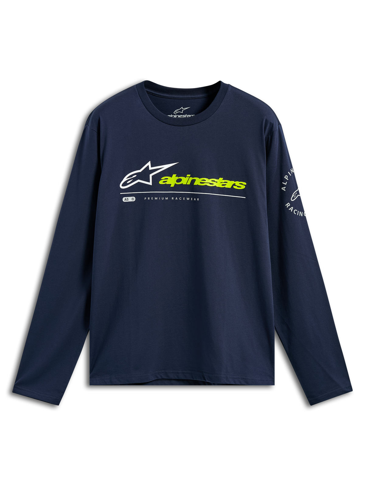 Alpinestars Mandatory CSF Tee, T-shirt met lange mouwen, marineblauw, wit Astars-logo en neongele Alpinestars-tekst op de voorkant, cirkelvormig logo op de mouw, casual motorsport-sportkleding