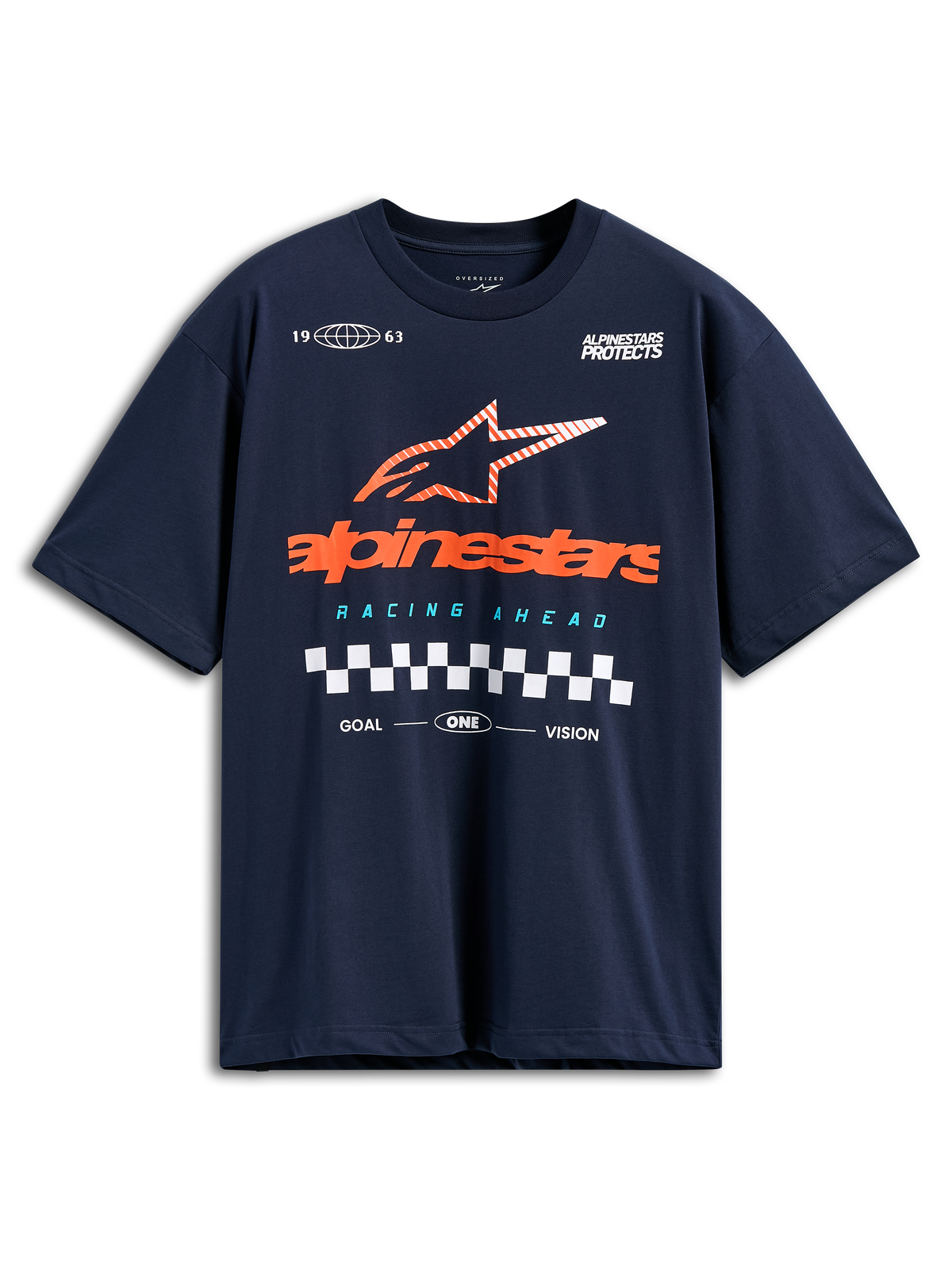 Alpinestars Aplomb Oversized CSF Tee, T-shirt met korte mouwen, marineblauw, groot oranje Alpinestars-logo met gestreepte ster en geblokte vlag, casual motorsport streetwear