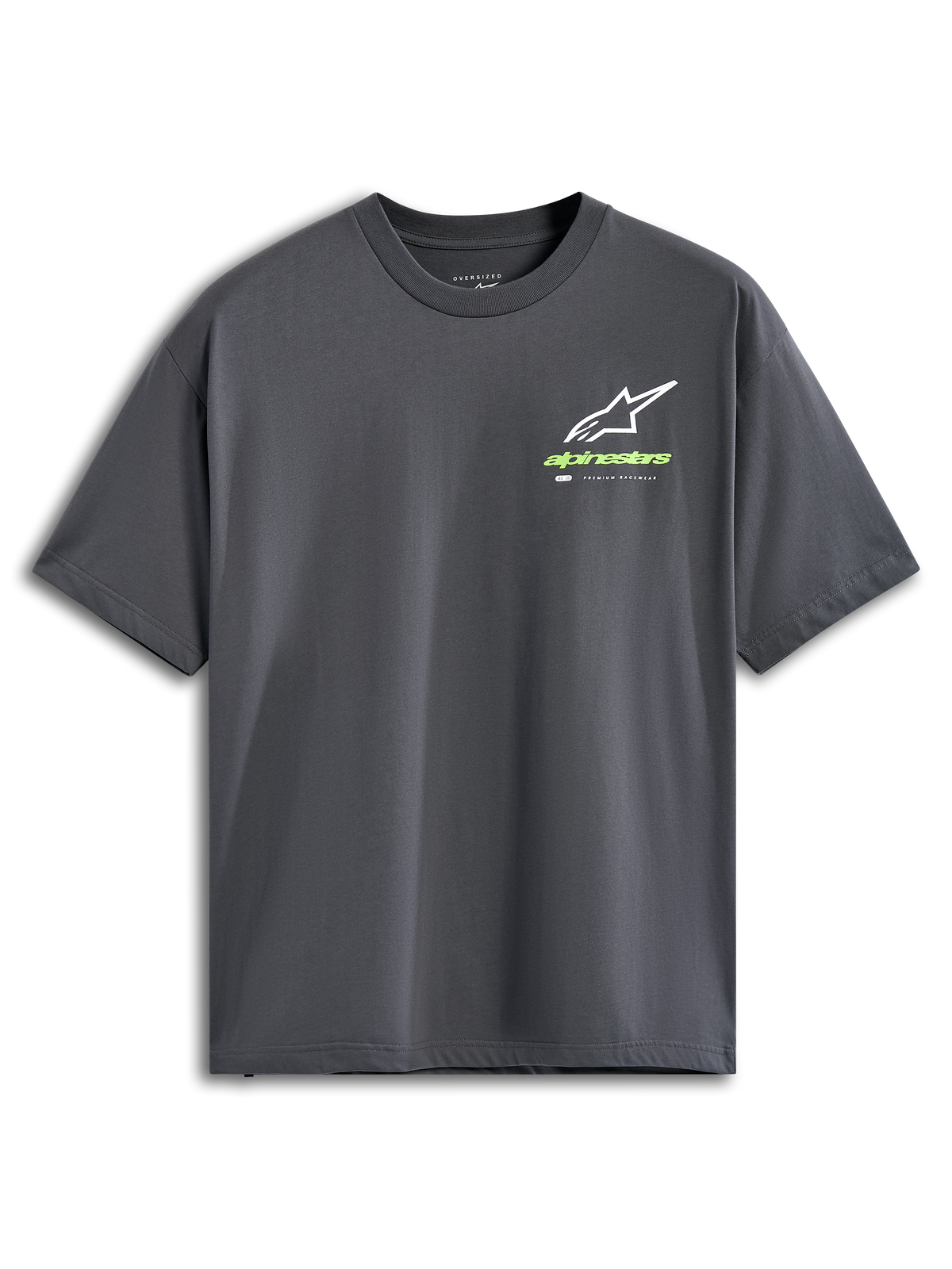 Alpinestars Overhang Oversized CSF Tee, T-shirt met korte mouwen, antracietgrijs, wit Astars-logo met limoengroen woordmerk, casual motorsport streetwear