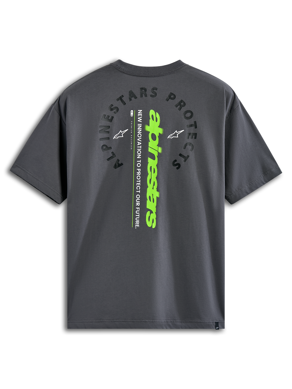 Alpinestars Overhang Oversized CSF Tee, T-shirt met korte mouwen, Charcoal, achteraanzicht met gebogen 'Alpinestars Protects' tekst en een verticaal limoengroen woordmerk, casual door motorsport geïnspireerde streetwear