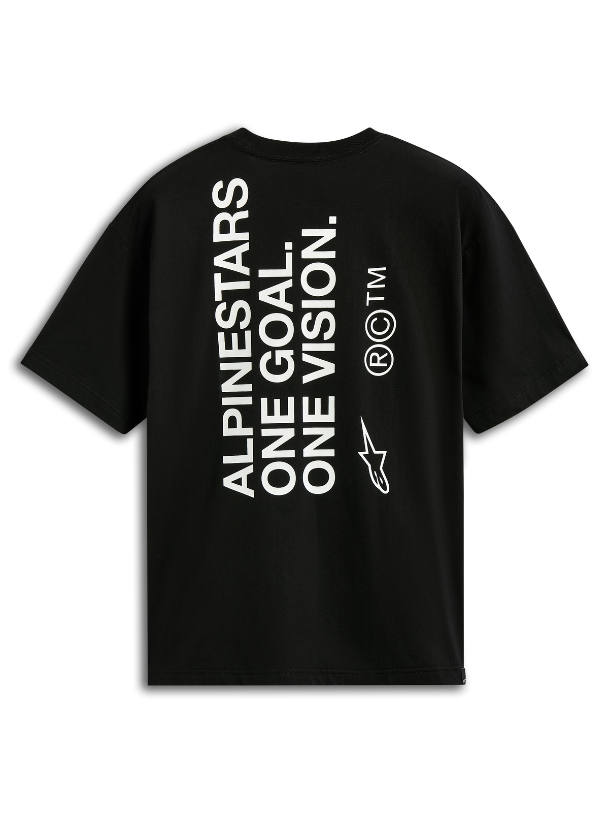 Alpinestars One Oversized CSF Tee, T-shirt met korte mouwen, zwart, achteraanzicht met verticale witte 'ALPINESTARS ONE GOAL. ONE VISION.' tekst en Astars-logo, casual motorsport streetwear
